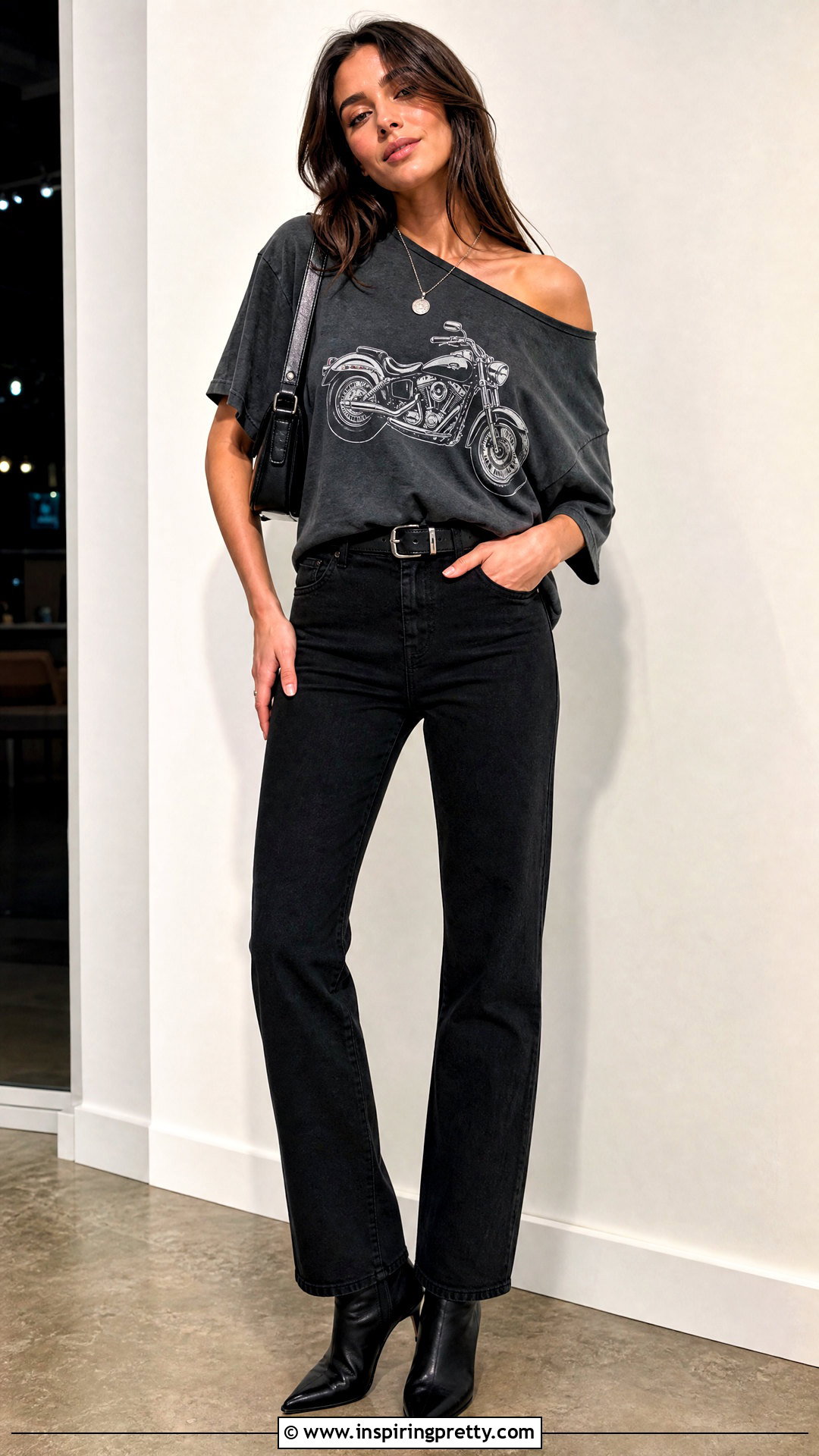 Biker Off Shoulder Top With Black Jeans - 20 womens biker tops outfit ideas