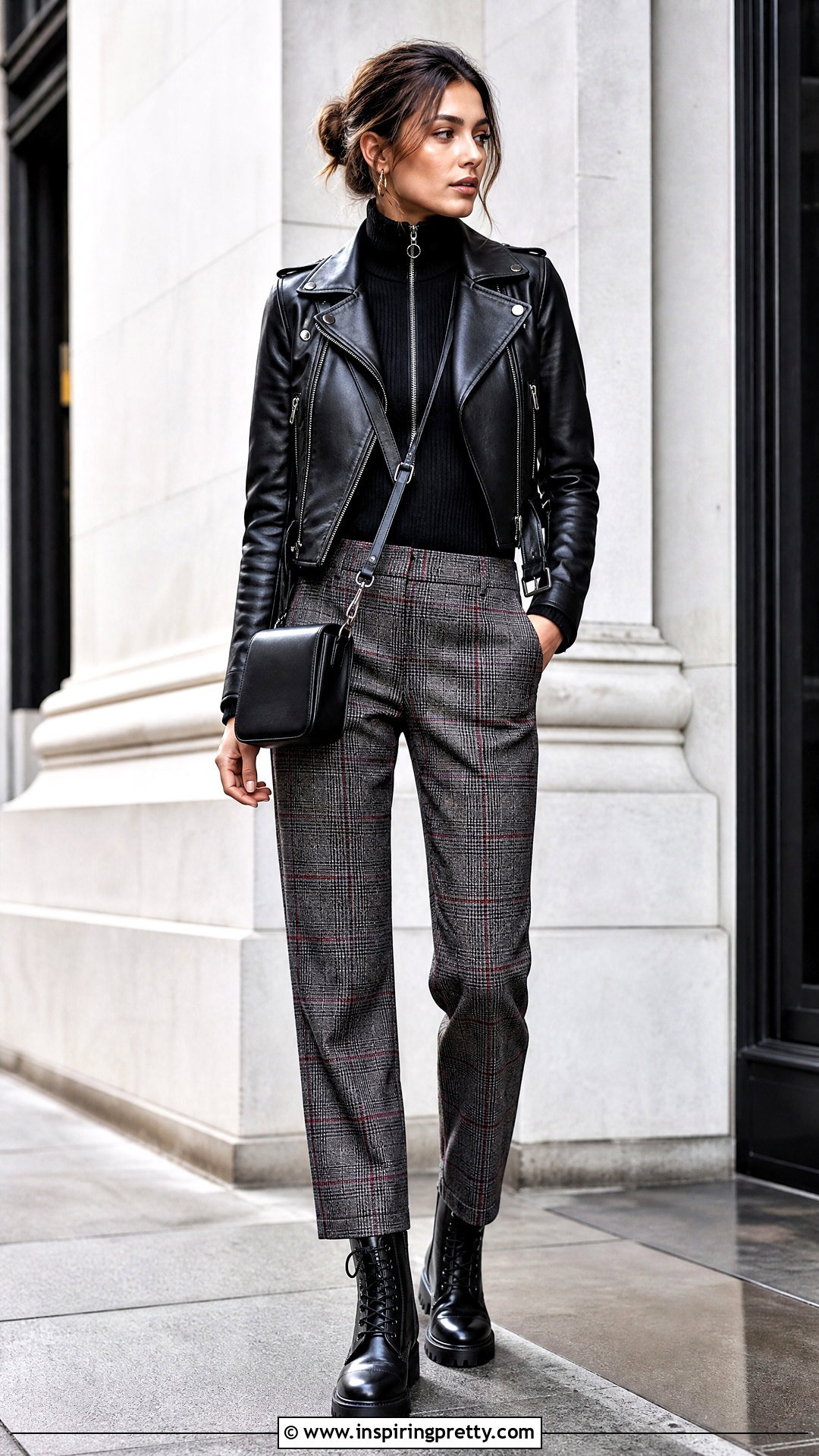 Biker Turtleneck Top With Plaid Pants - 20 womens biker tops outfit ideas