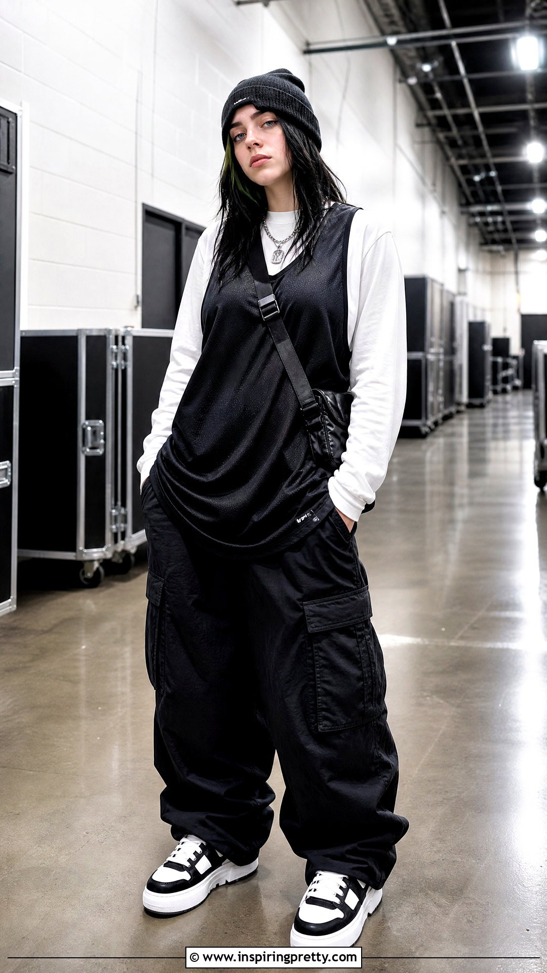 Billie Eilish Black Tank Top Over White Long Sleeve - 25 Billie Eilish Black Tank Top outfit ideas
