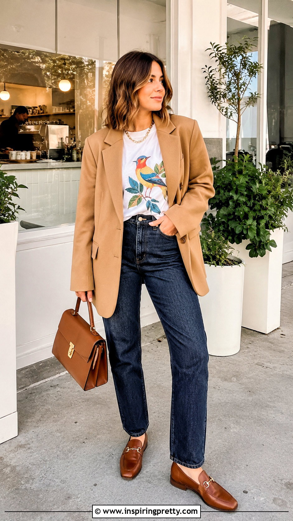 Bird Graphic Tee With Blazer And Jeans - 20 bird tops outfit ideas