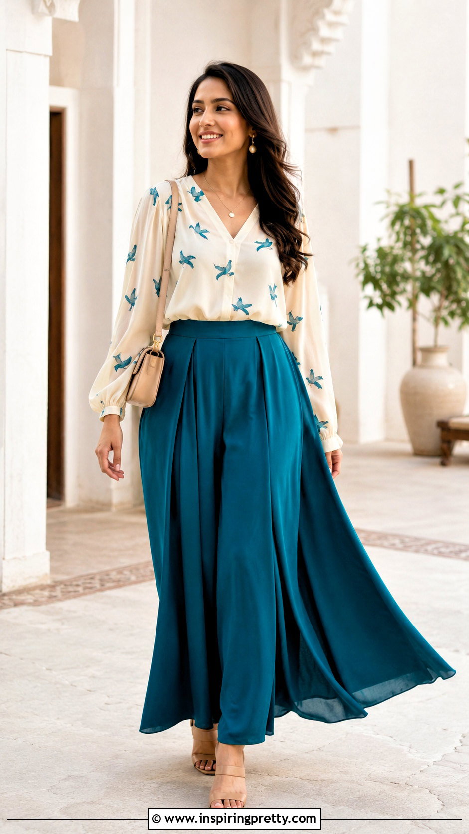 Bird Print Blouse With Palazzo Pants - 20 bird tops outfit ideas