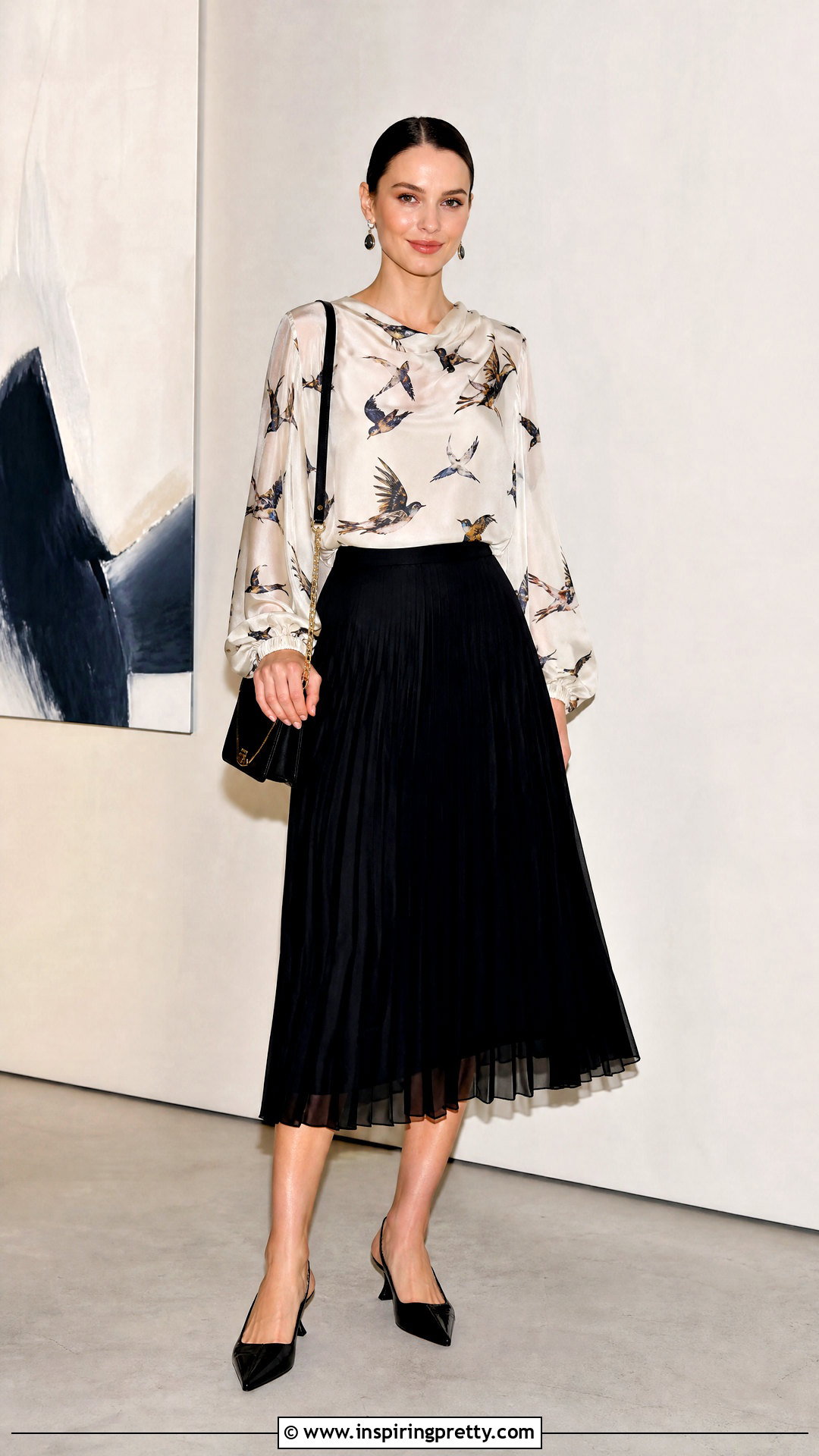 Bird Print Top With A Black Midi Skirt - How To Style Bird Print Tops (20 Ways)