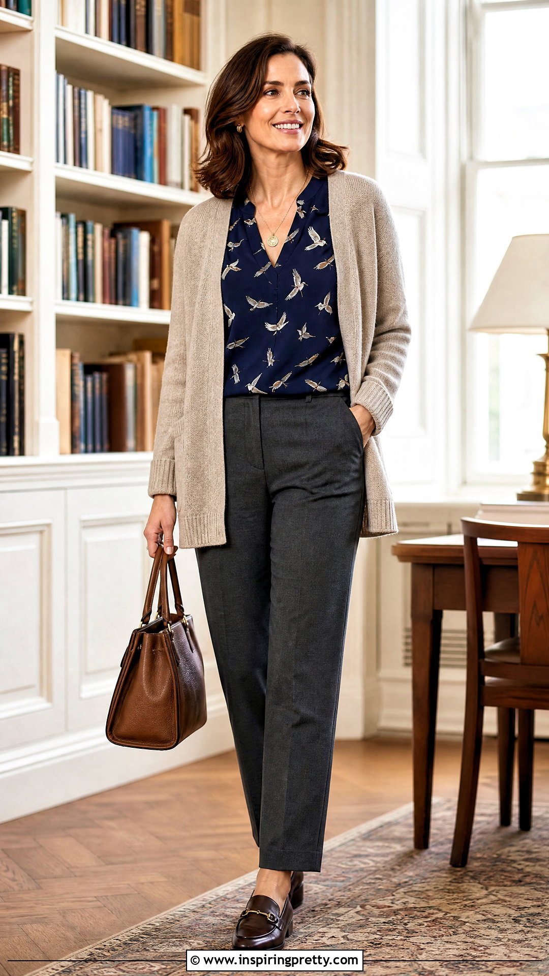 Bird Print Top With A Cardigan And Trousers - How To Style Bird Print Tops (20 Ways)