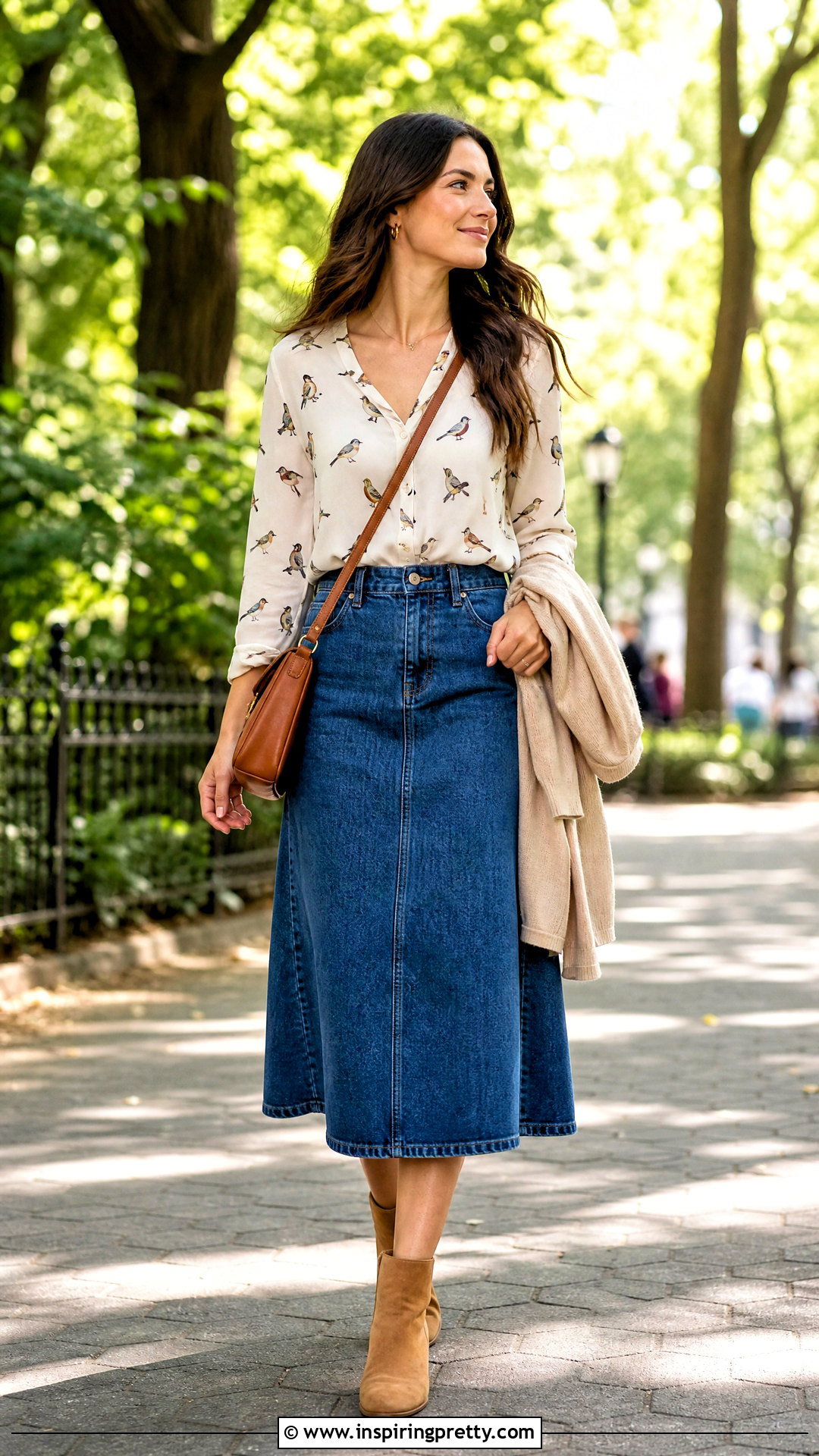Bird Print Top With A Denim Midi Skirt - How To Style Bird Print Tops (20 Ways)
