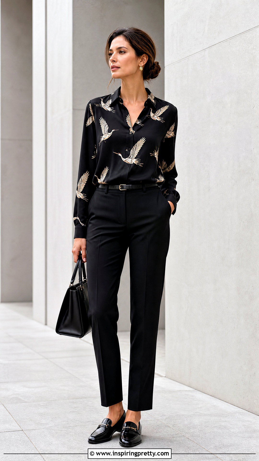 Bird Print Top With A Monochrome Outfit - How To Style Bird Print Tops (20 Ways)