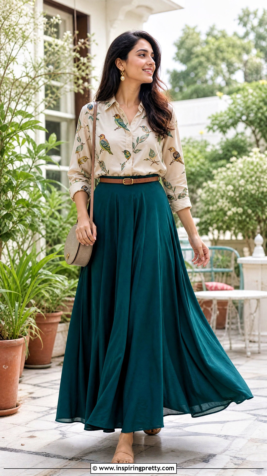 Bird Print Top With A Solid Maxi Skirt - How To Style Bird Print Tops (20 Ways)
