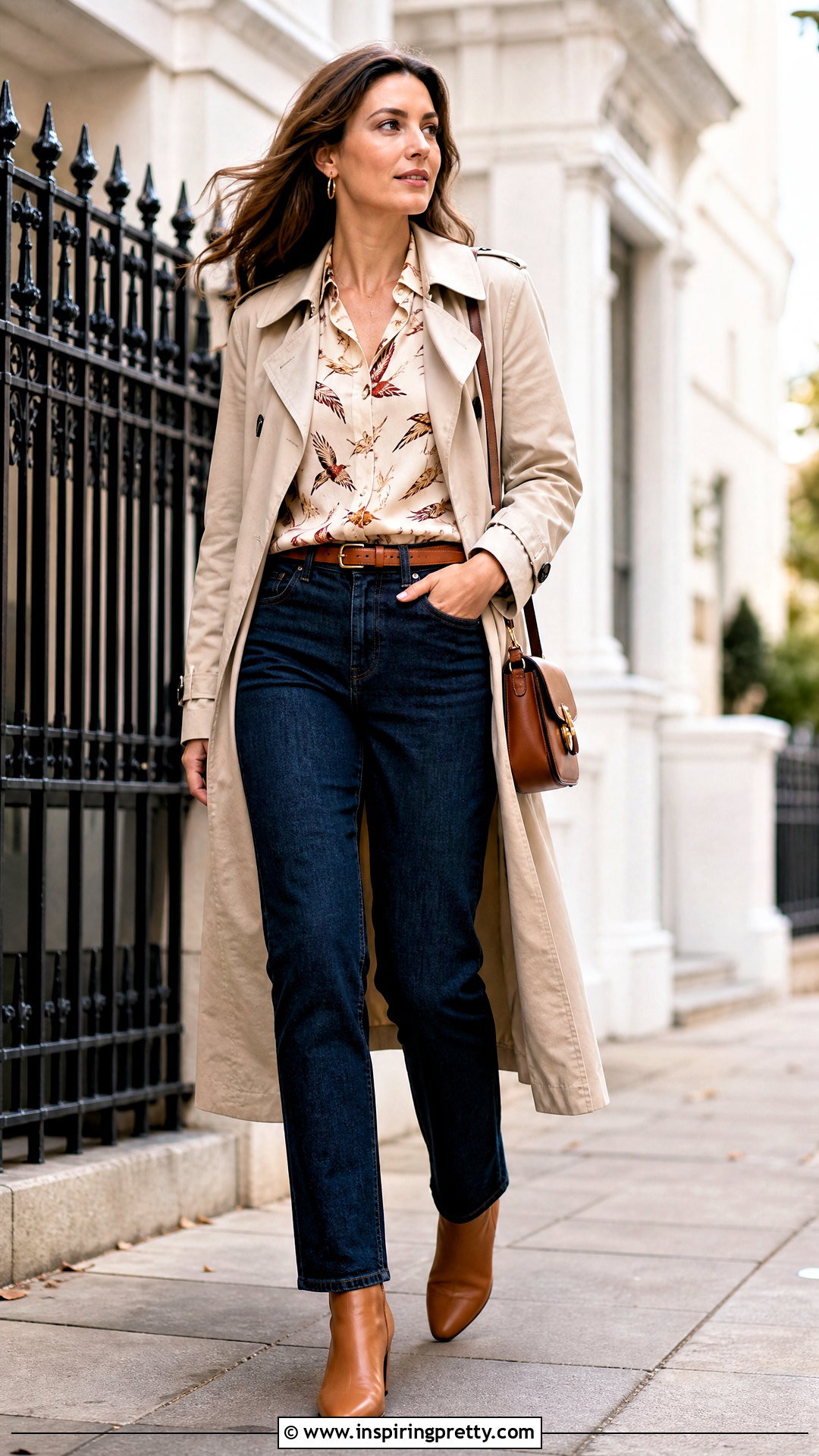 Bird Print Top With A Trench Coat And Jeans - How To Style Bird Print Tops (20 Ways)