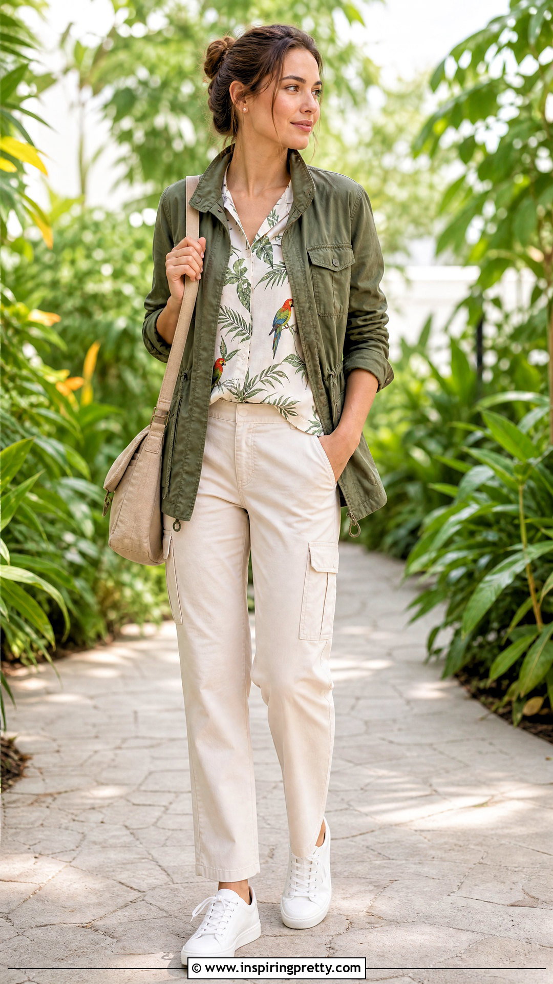Bird Print Top With A Utility Jacket And Cargo Pants - How To Style Bird Print Tops (20 Ways)