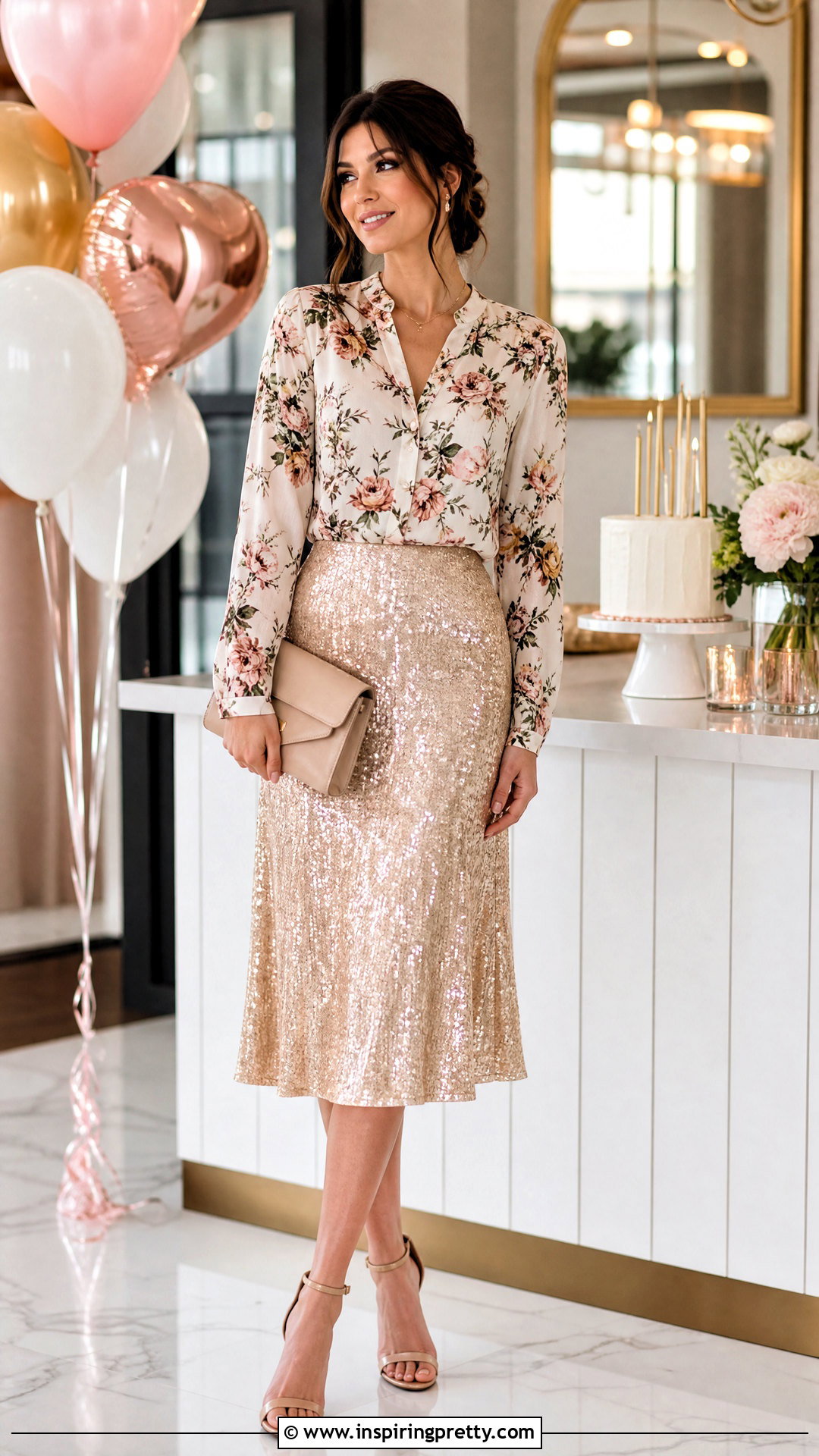 Birthday Floral Top With Sequin Midi Skirt - 50 floral tops for women