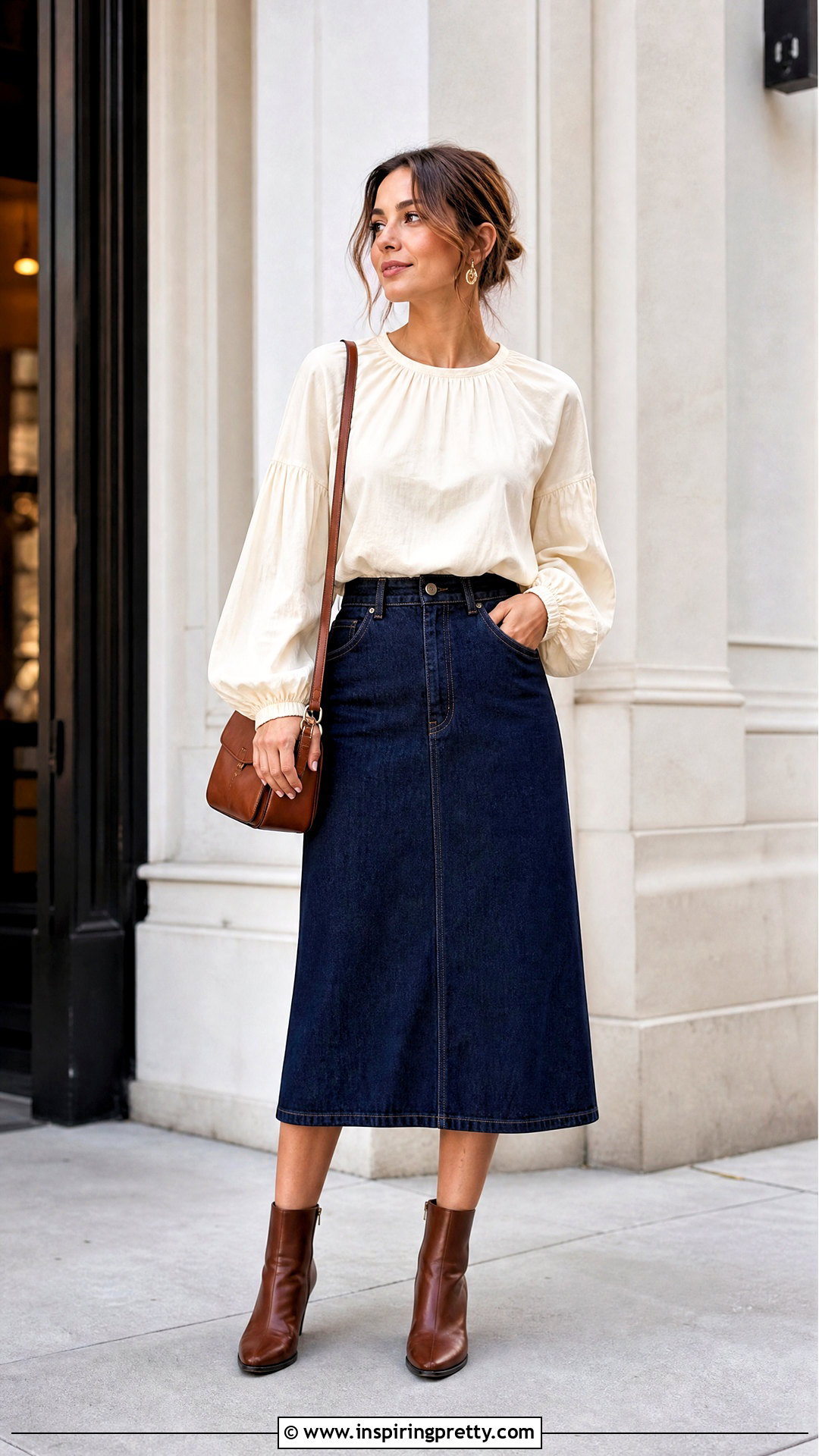 Bishop Sleeve Cotton Top With Denim Skirt - 50 cotton top designs for women