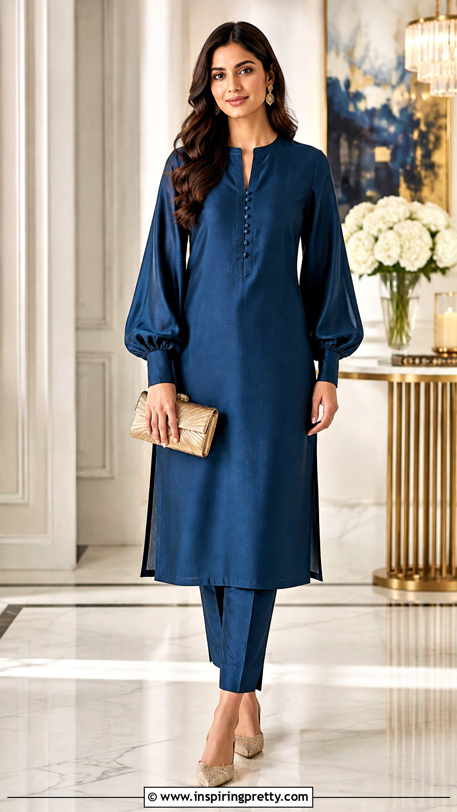 Bishop Sleeve Kurti Top With Straight Pants - 50 kurti top designs for women