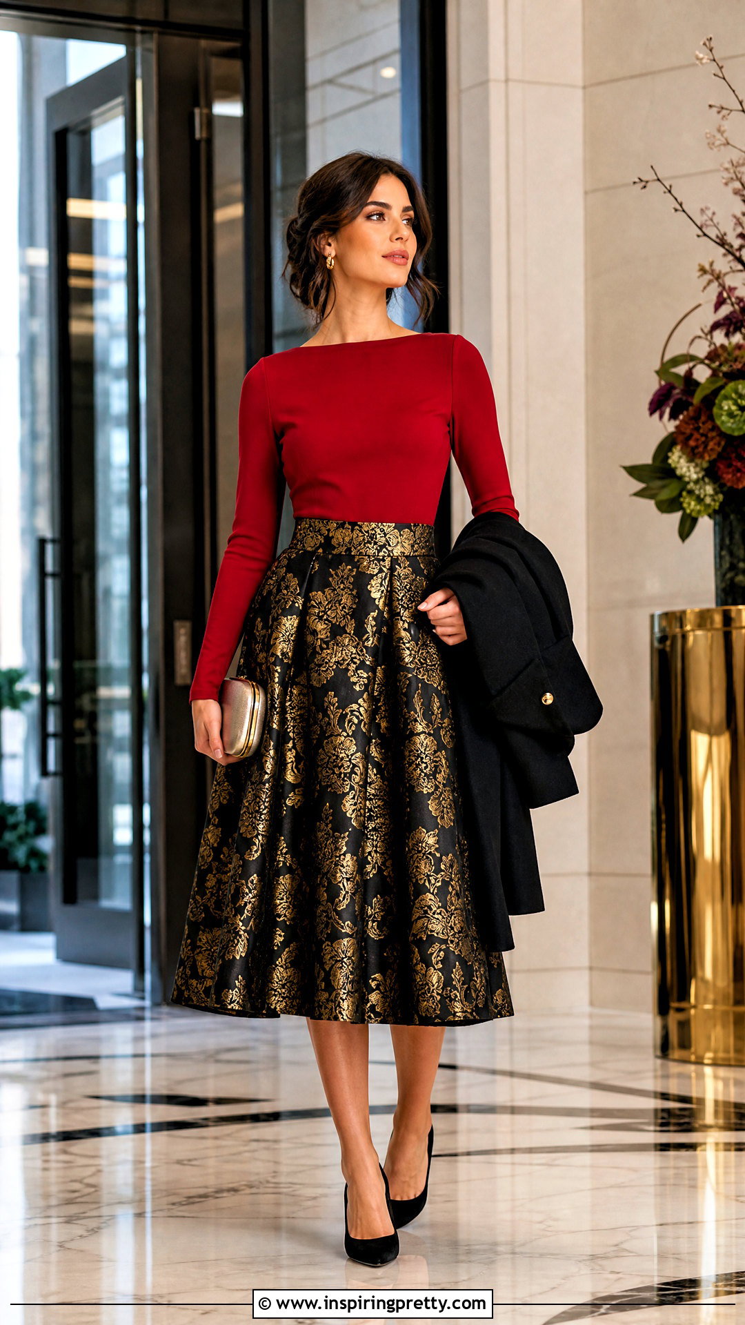 Black And Gold Brocade Skirt With Red Top - 50 brocade skirt and top outfit ideas