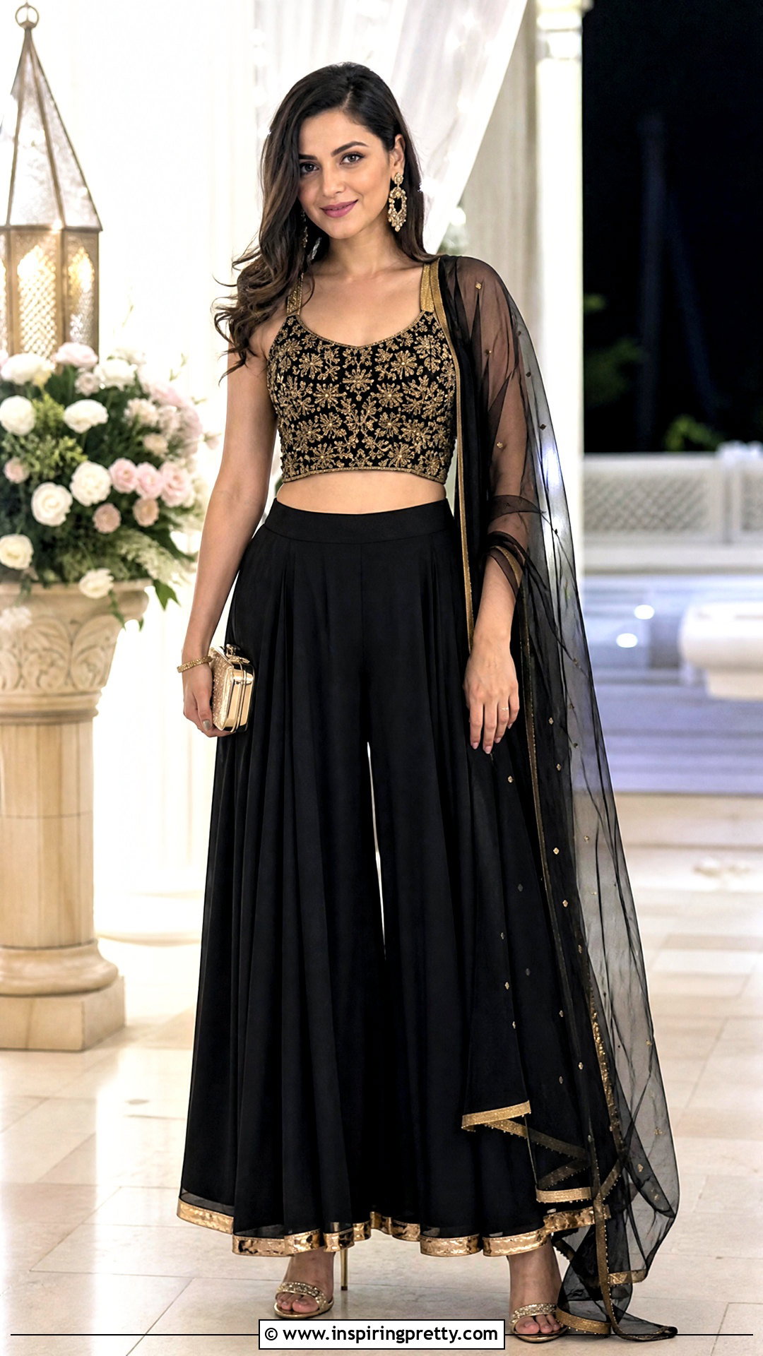 Black And Gold Crop Top Palazzo Outfit - 50 crop top with plazo outfit ideas