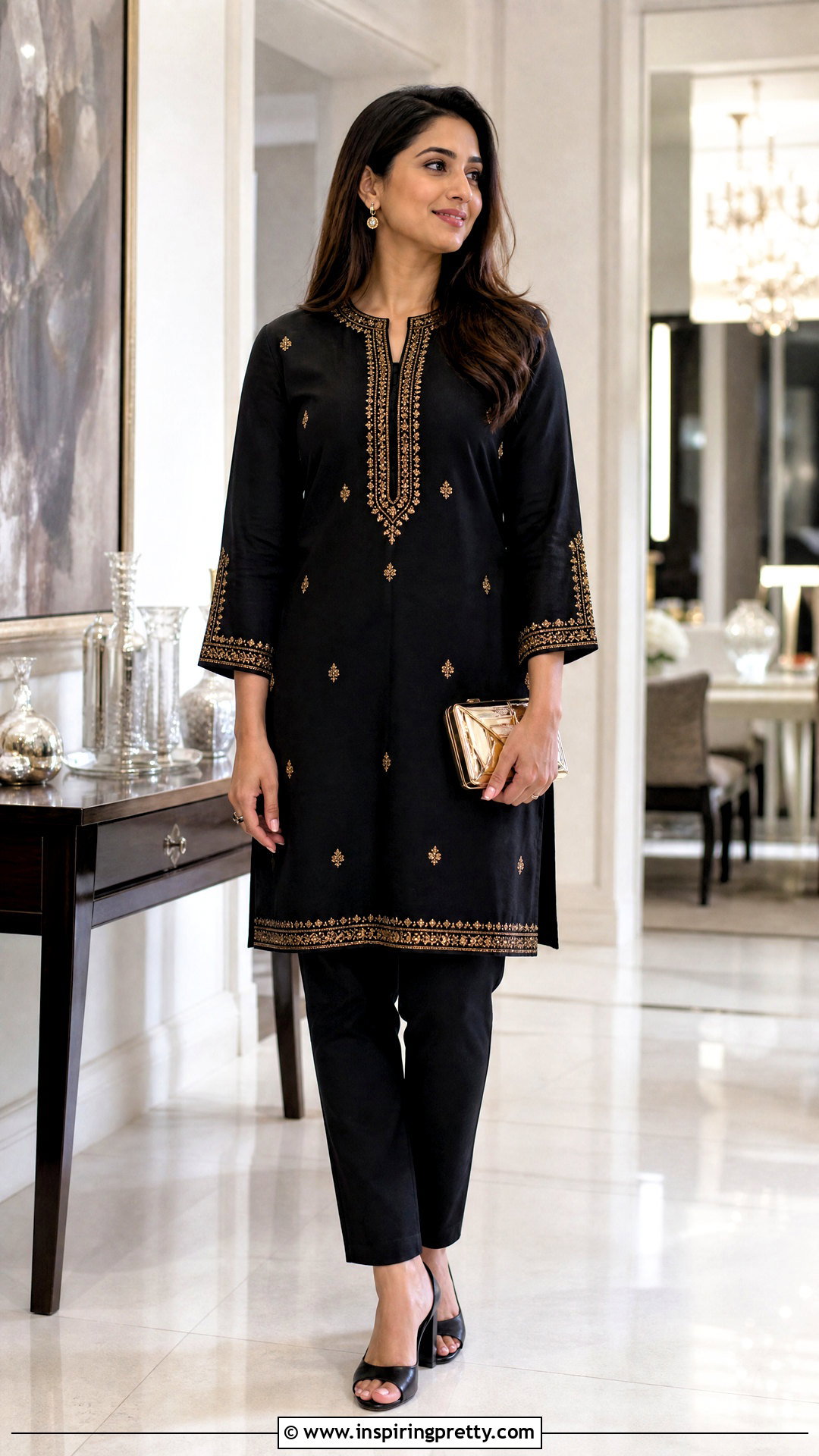 Black And Gold Kurti With Black Jeans - 50 jeans tops indian styles