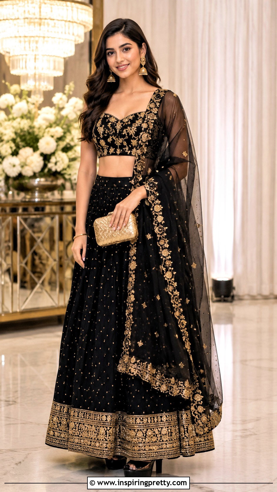 Black And Gold Lehenga Crop Top Outfit - 50 party wear lehenga crop tops outfit ideas
