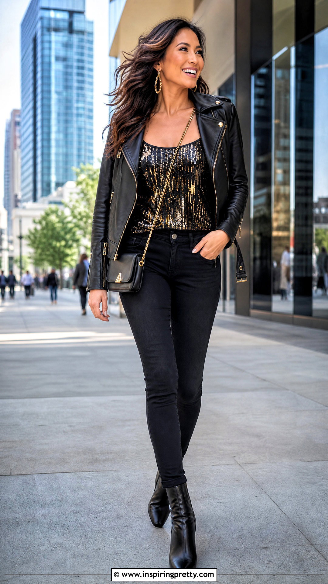 Black And Gold Sequin Tank Top With Black Jeans And Moto Jacket - 20 Black And Gold Sequin Tank Top outfit ideas