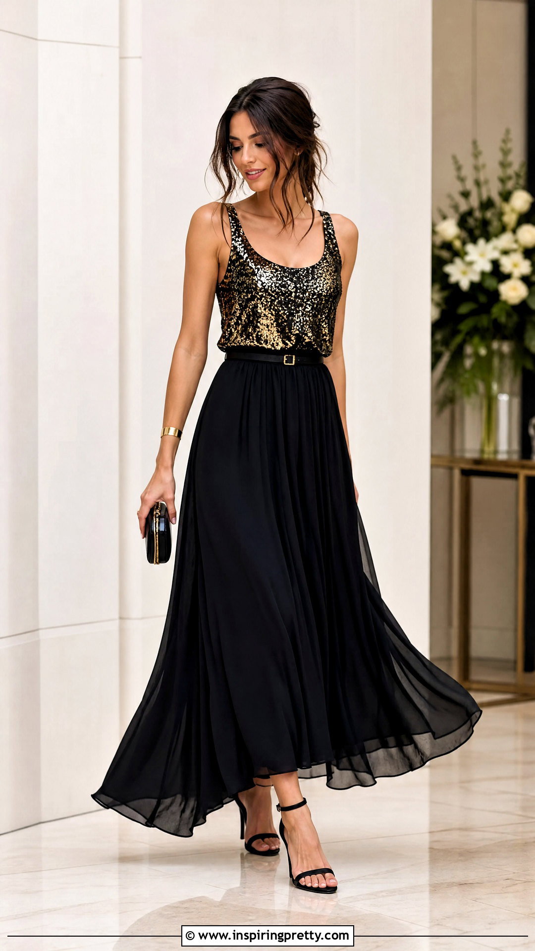 Black And Gold Sequin Tank Top With Black Maxi Skirt - 20 Black And Gold Sequin Tank Top outfit ideas