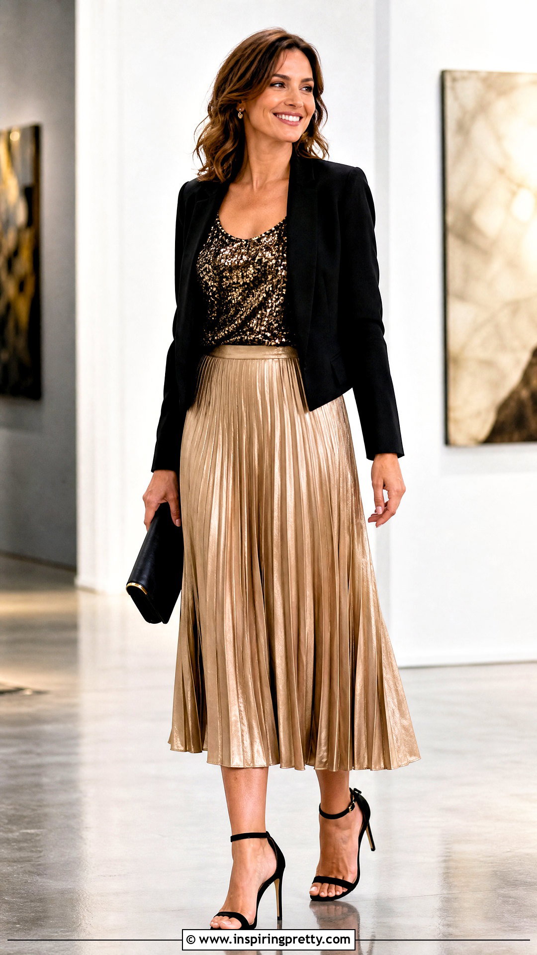Black And Gold Sequin Tank Top With Gold Pleated Skirt - 20 Black And Gold Sequin Tank Top outfit ideas