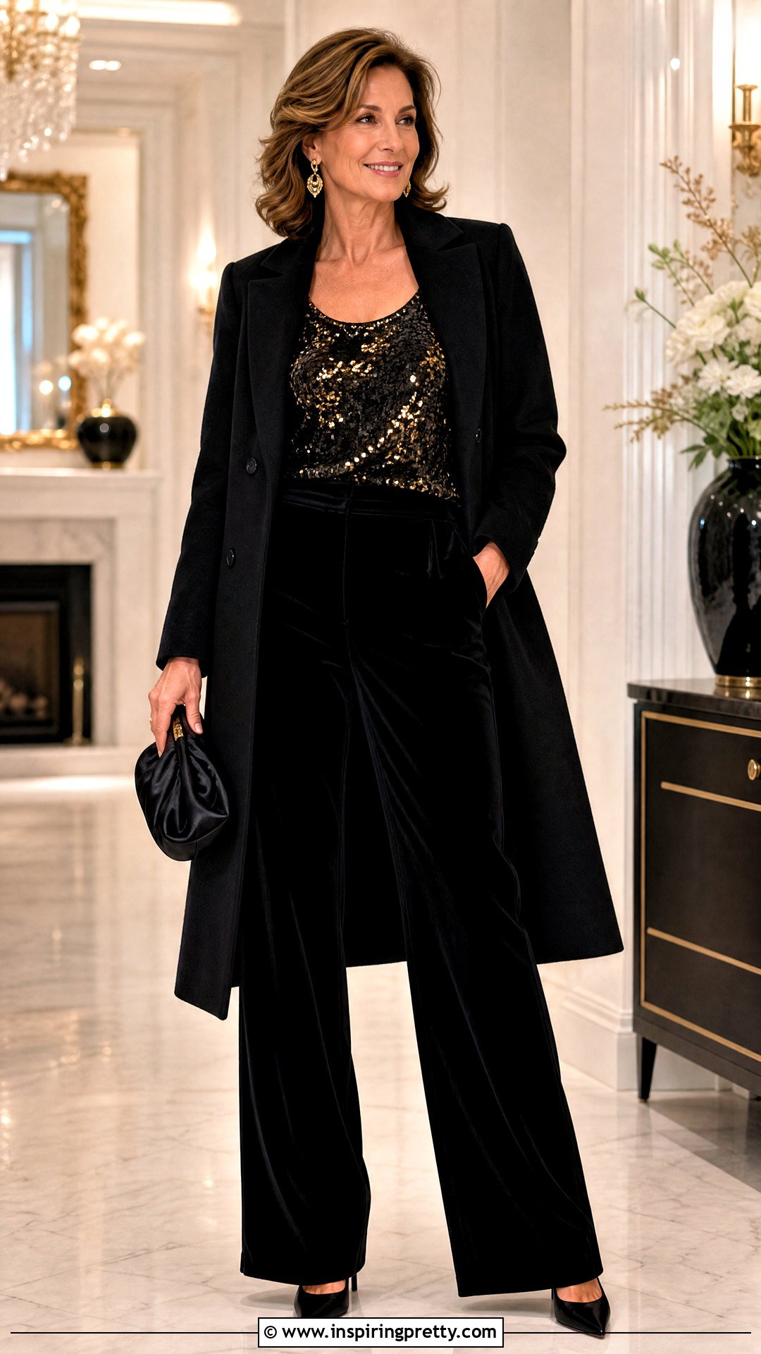 Black And Gold Sequin Tank Top With Velvet Pants - 20 Black And Gold Sequin Tank Top outfit ideas