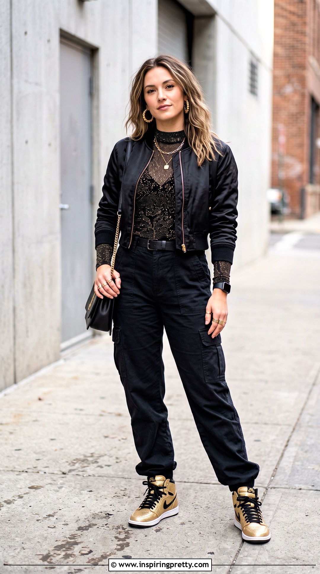 Black And Gold Sparkly Top With Cargo Pants - 20 Taylor Swift Sparkly Top outfit ideas