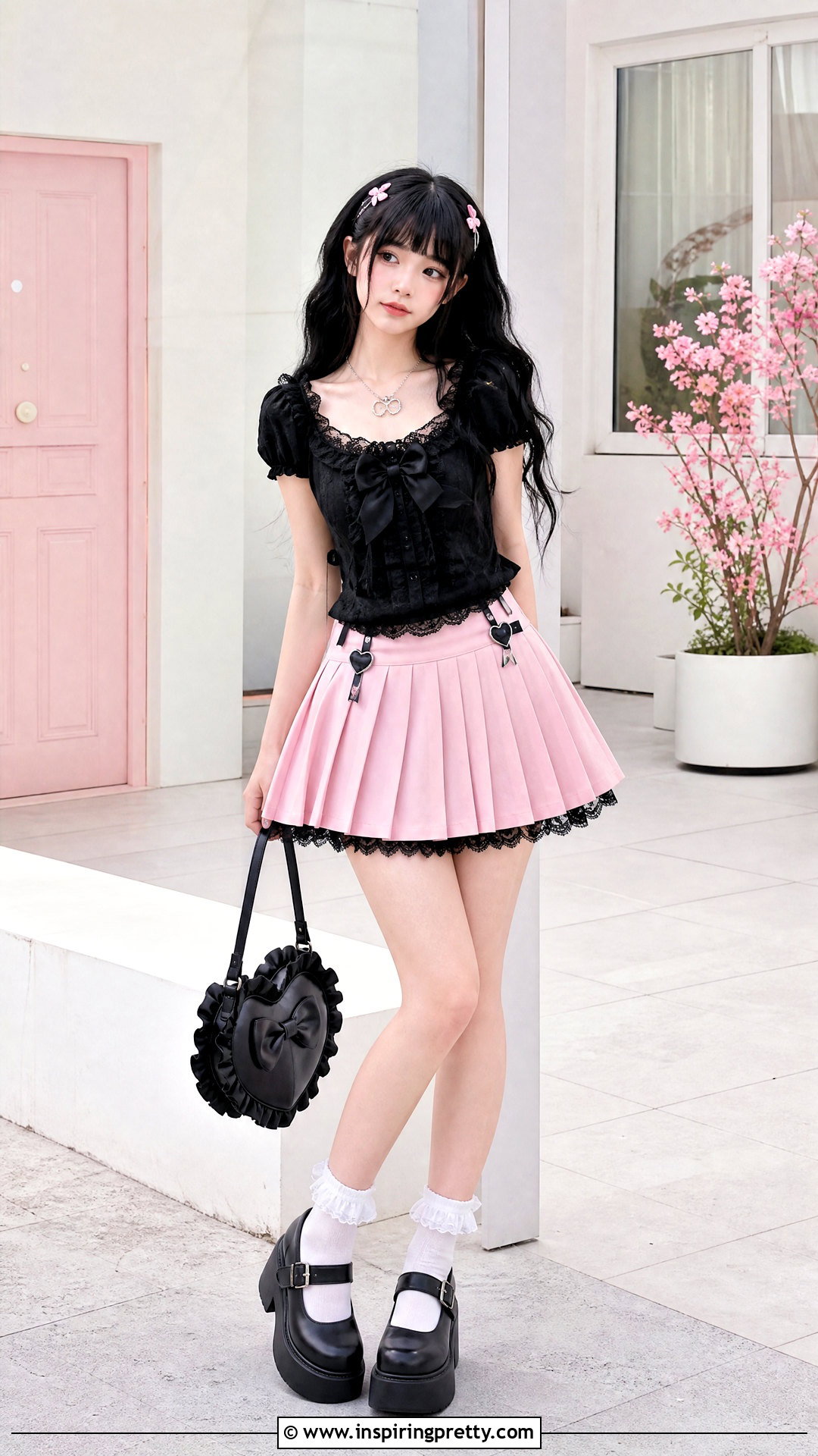 Black And Pink Cutecore Top With Pleated Skirt - 50 Cutecore Top outfit ideas