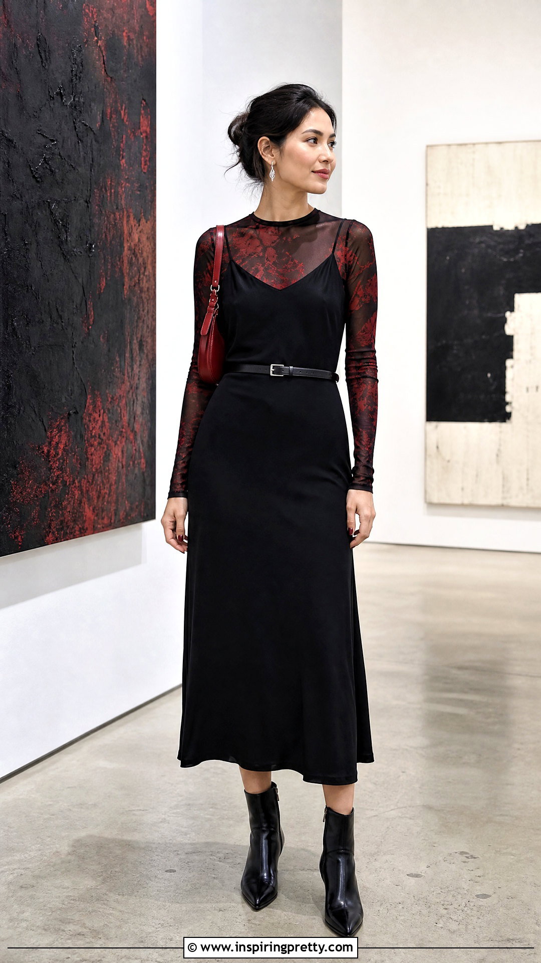 Black And Red Mesh Top Under A Black Slip Dress - 25 Black And Red Mesh Top outfit ideas