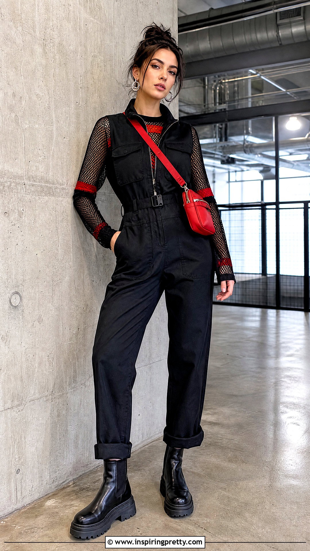 Black And Red Mesh Top Under A Black Utility Jumpsuit - 25 Black And Red Mesh Top outfit ideas