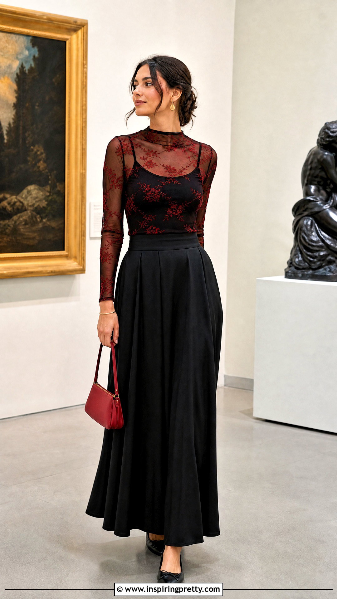 Black And Red Mesh Top With Black Maxi Skirt And Ballet Flats - 25 Black And Red Mesh Top outfit ideas