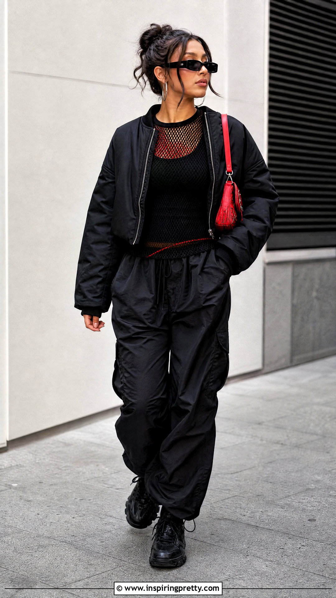 Black And Red Mesh Top With Bomber Jacket And Parachute Pants - 25 Black And Red Mesh Top outfit ideas