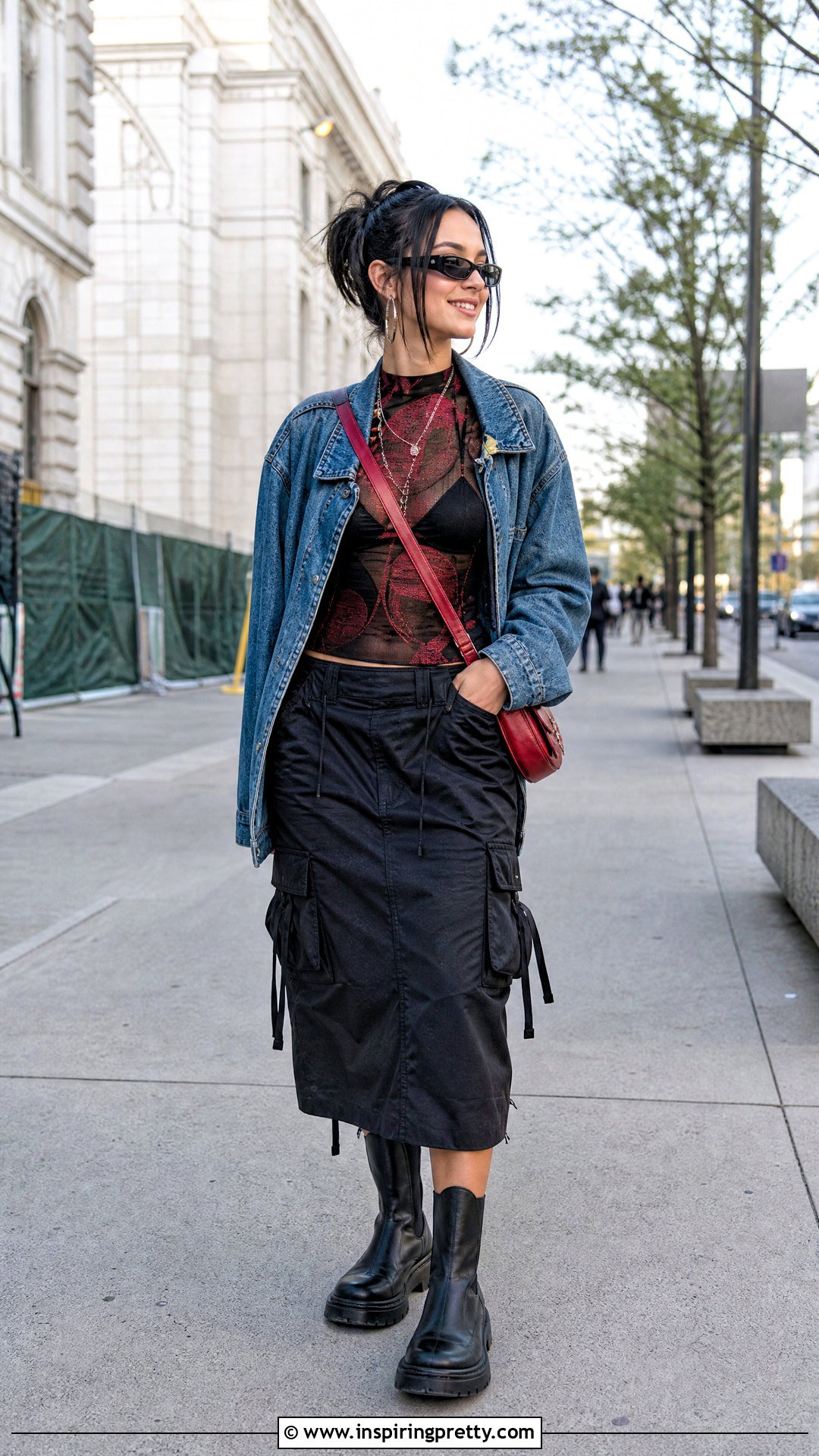 Black And Red Mesh Top With Denim Jacket And Cargo Skirt - 25 Black And Red Mesh Top outfit ideas