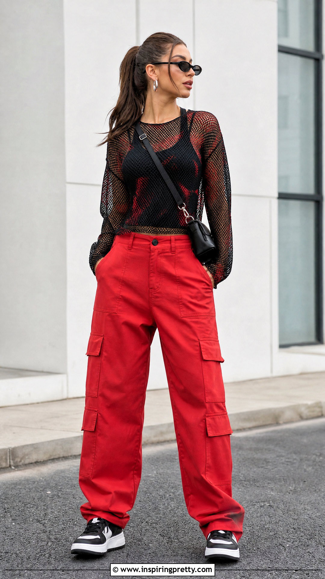 Black And Red Mesh Top With Red Cargo Pants And Sneakers - 25 Black And Red Mesh Top outfit ideas