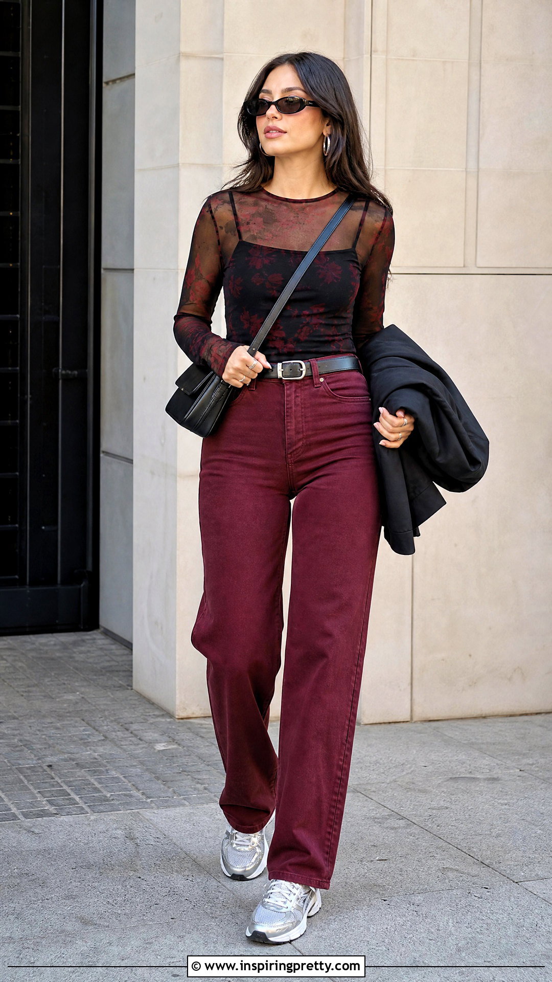 Black And Red Mesh Top With Red Jeans And Silver Sneakers - 25 Black And Red Mesh Top outfit ideas