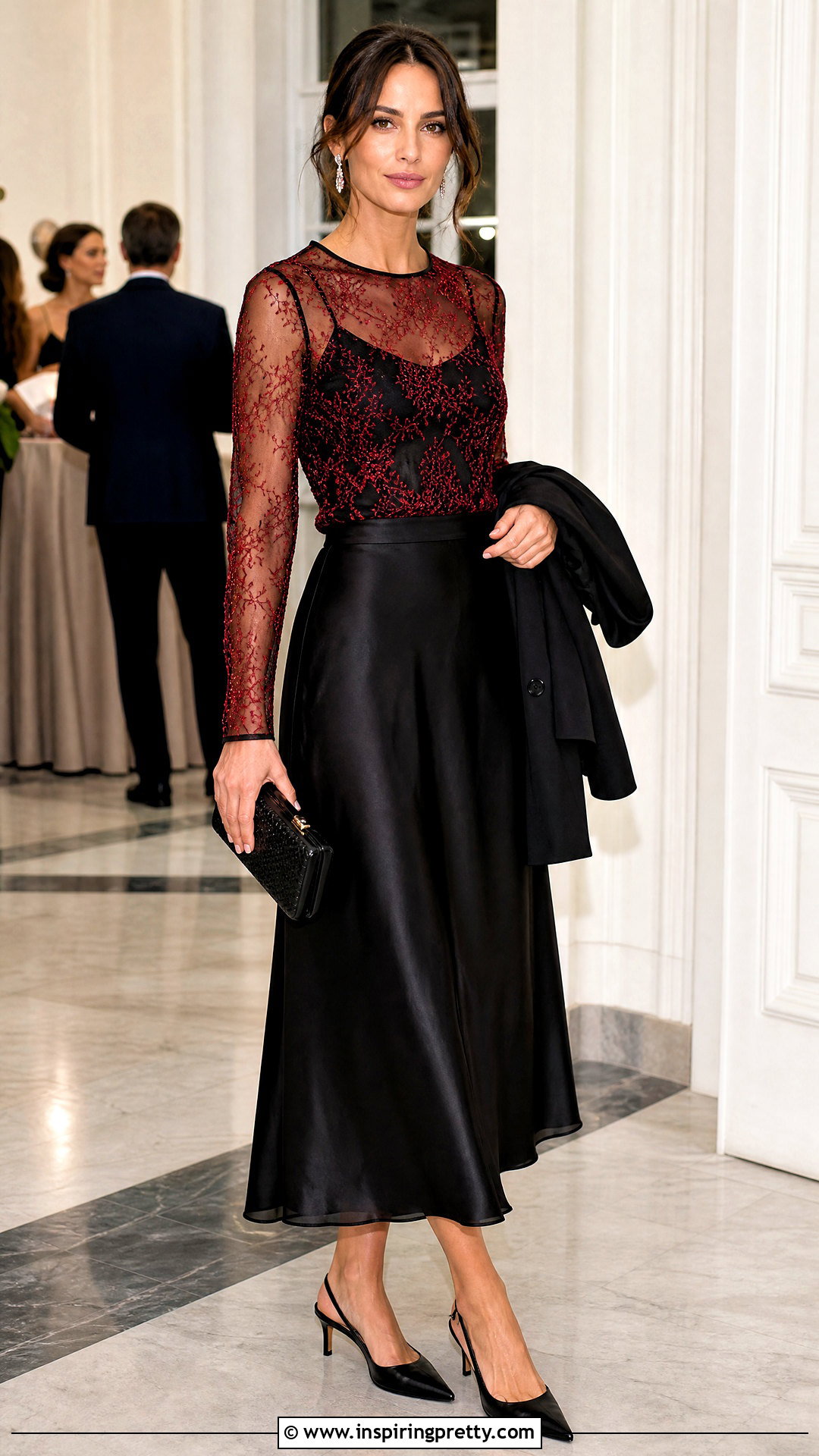 Black And Red Mesh Top With Satin Midi Skirt And Heels - 25 Black And Red Mesh Top outfit ideas