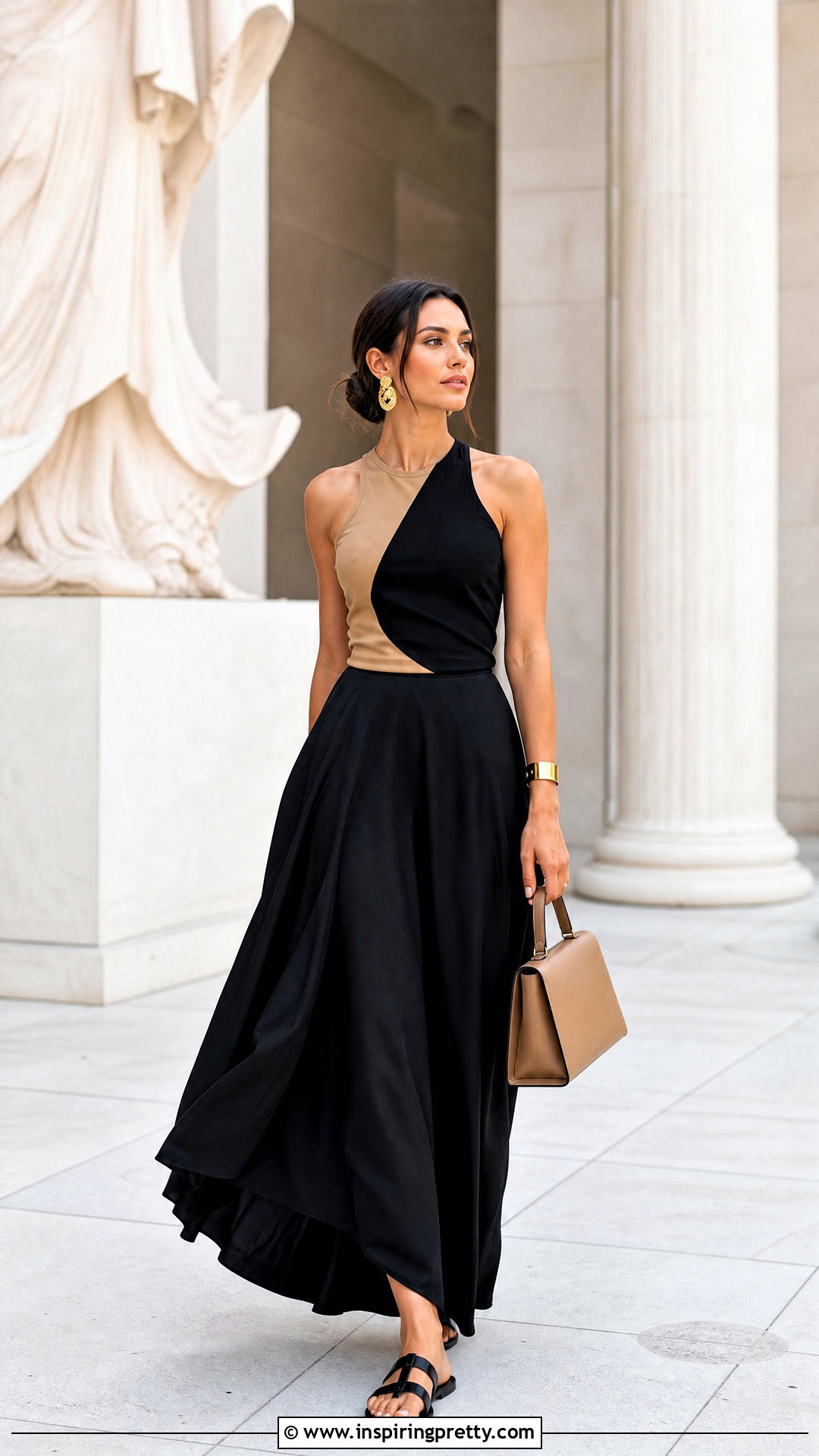 Black And Tan Two Tone Top With A Maxi Skirt - 20 Two-Tone Fashion Top outfit ideas