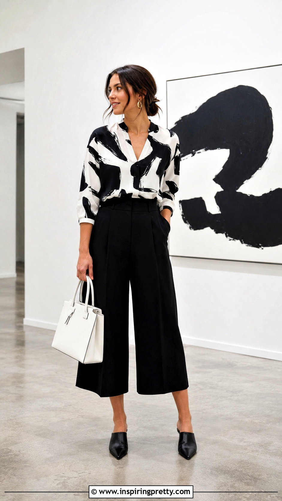 Black And White Abstract Print Top With Black Culottes - 50 black and white top outfit ideas