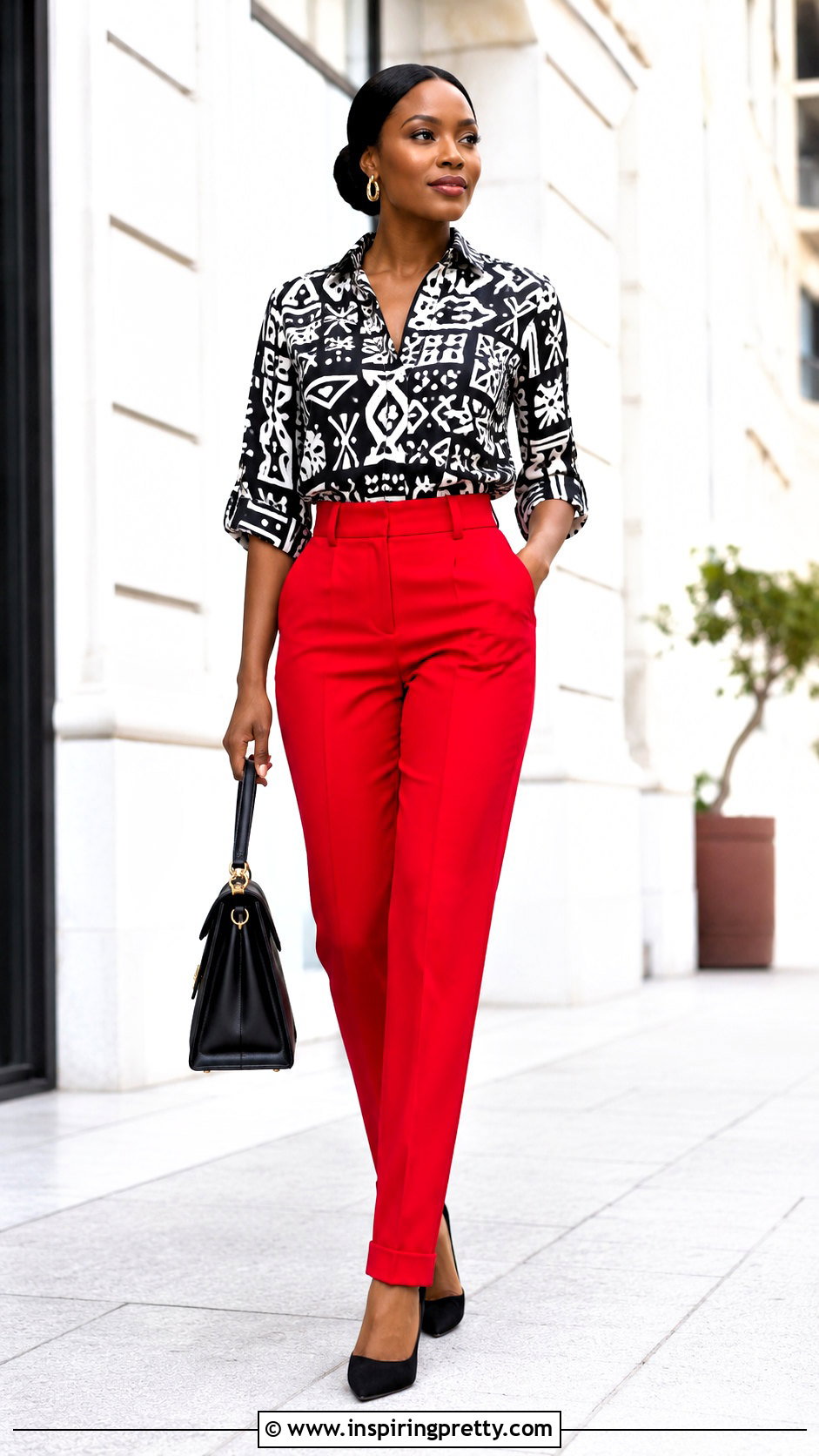 Black And White African Print Top With Red Pants - 50 african print tops outfit ideas