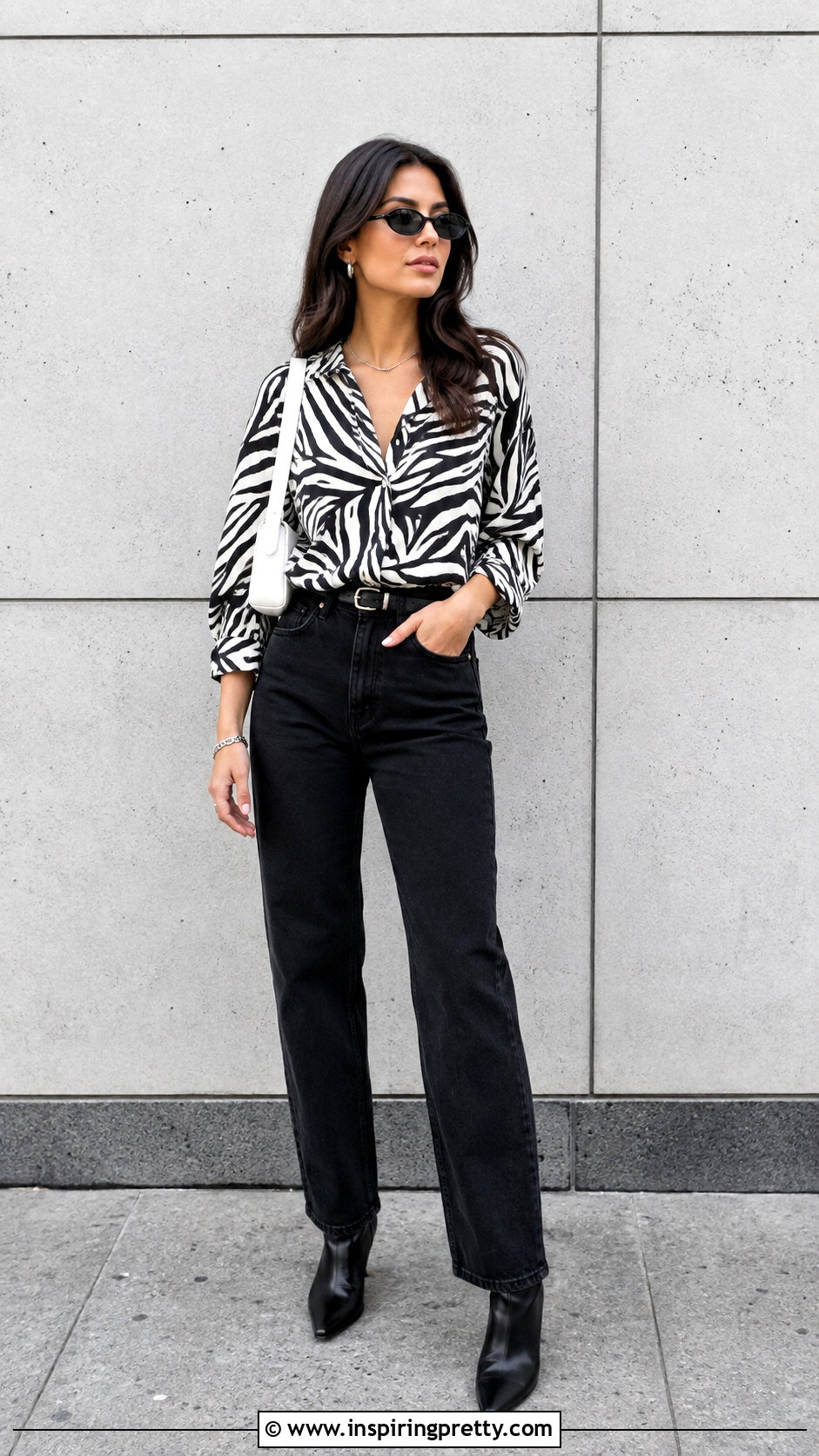 Black And White Animal Print Top With Black Jeans - 50 black and white top outfit ideas