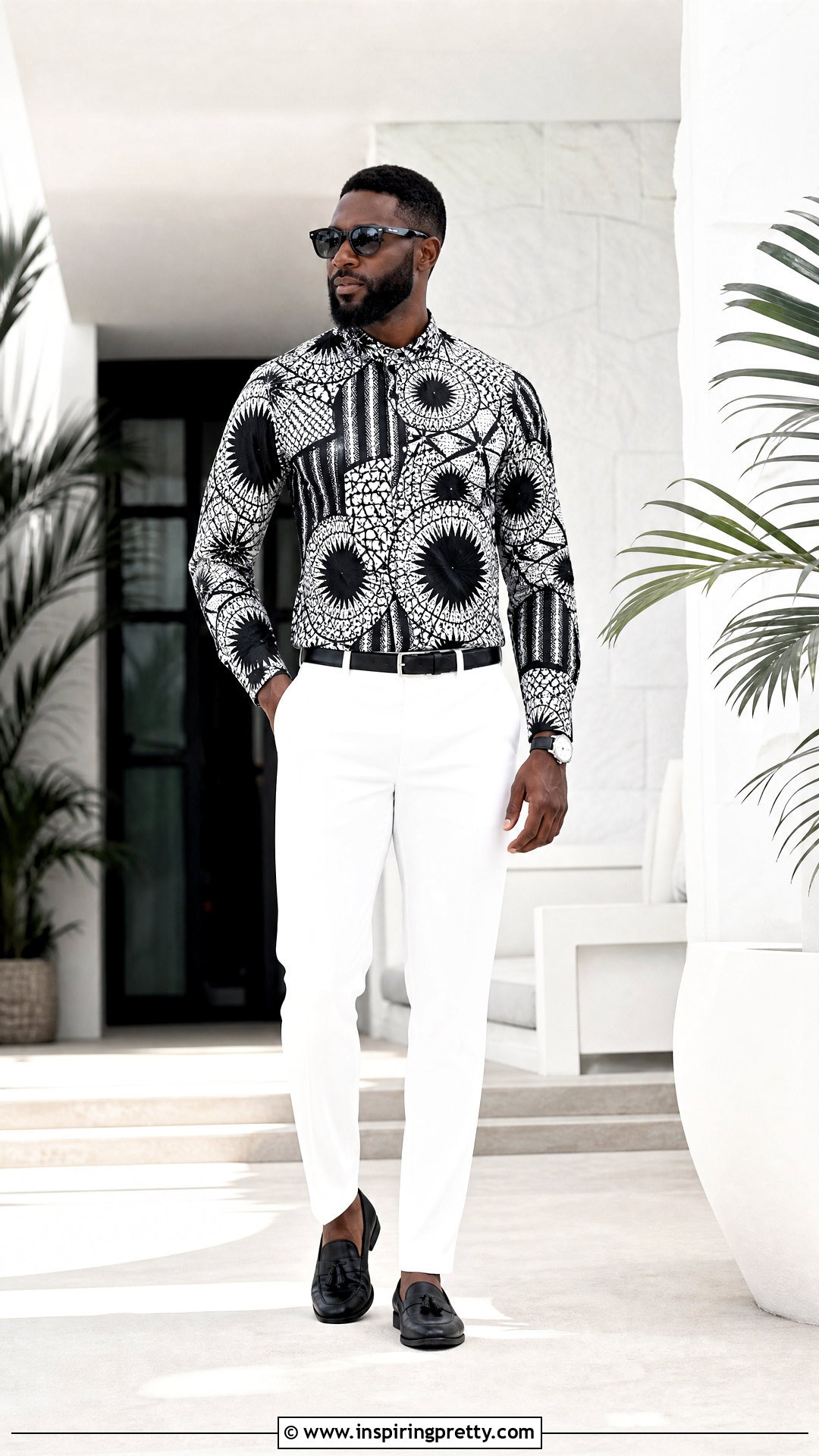 Black And White Ankara Top With White Trousers - 50 ankara top for men outfit ideas