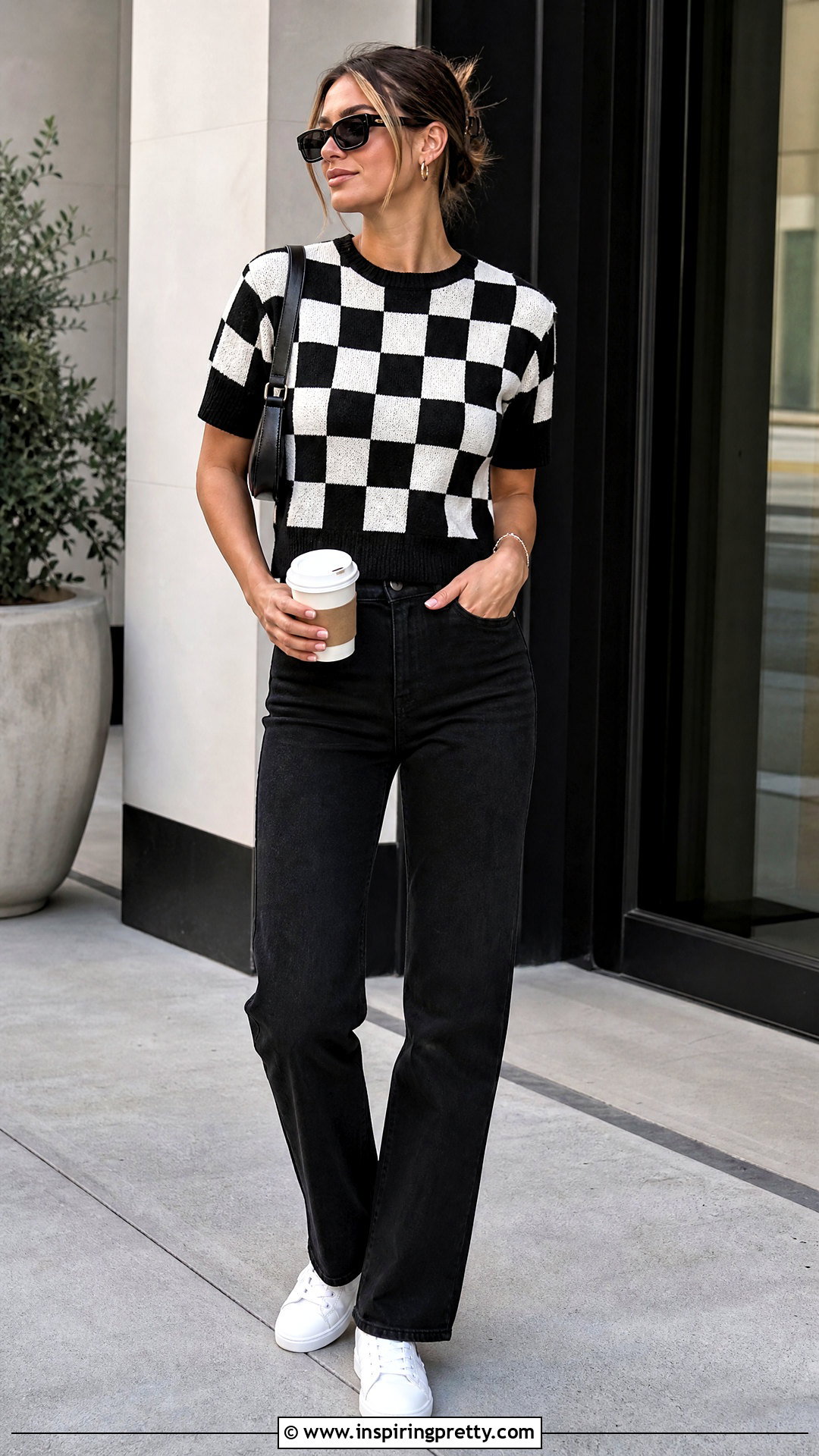 Black And White Checkerboard Knit Top Outfit - 25 Cute Black And White Tops outfit ideas
