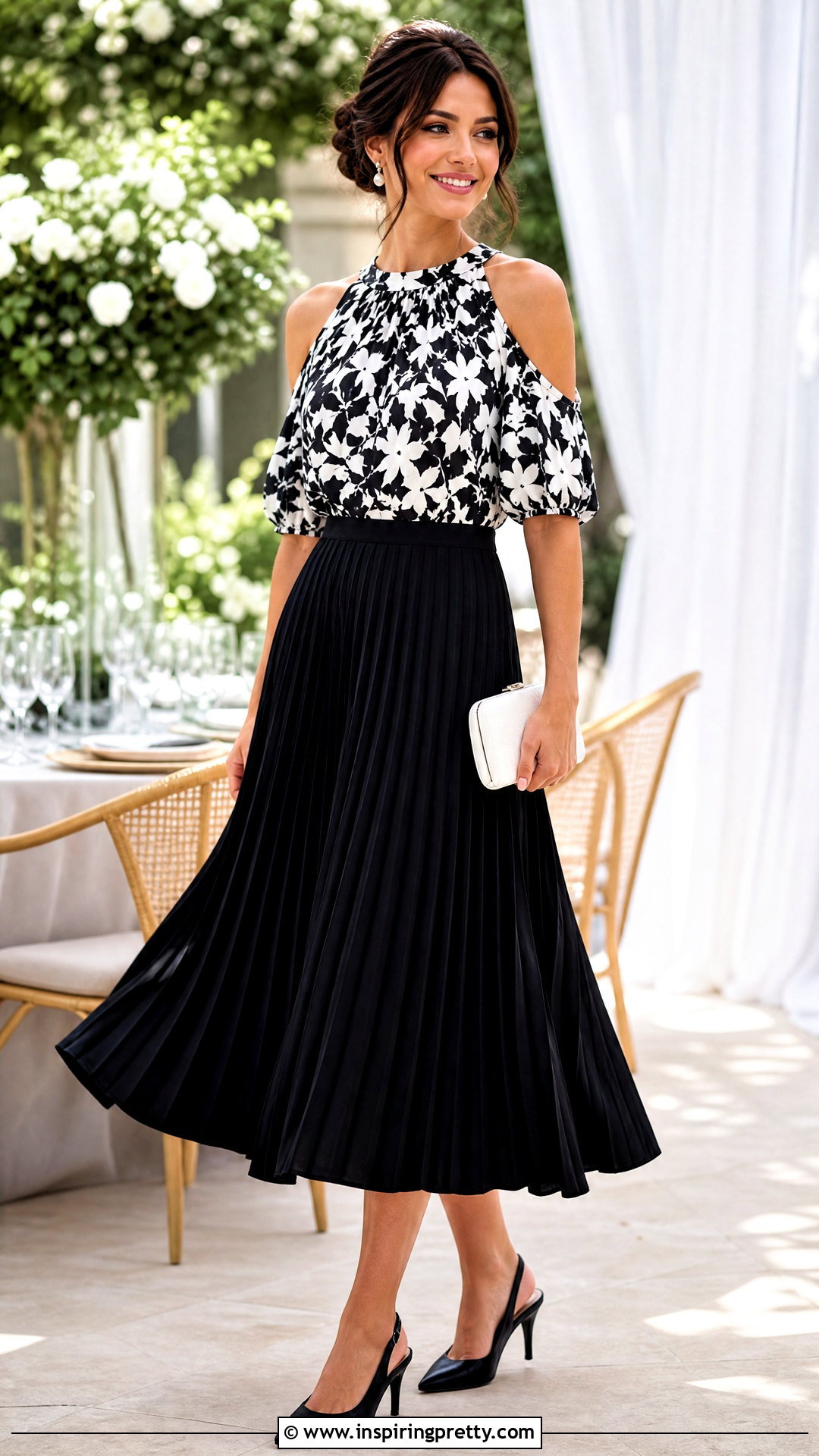 Black And White Cold Shoulder Top With Pleated Midi Skirt - 20 Black And White Cold Shoulder Top outfit ideas
