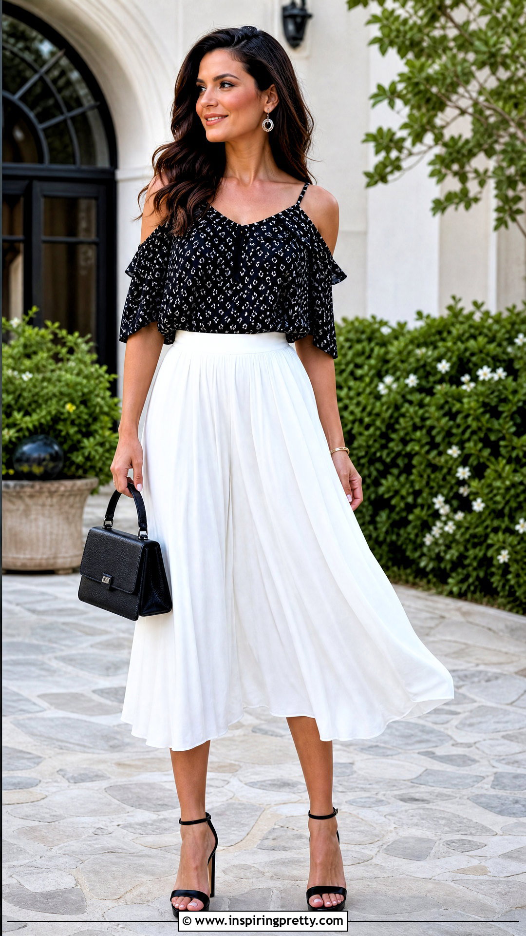 Black And White Cold Shoulder Top With White Midi Skirt - 20 Black And White Cold Shoulder Top outfit ideas