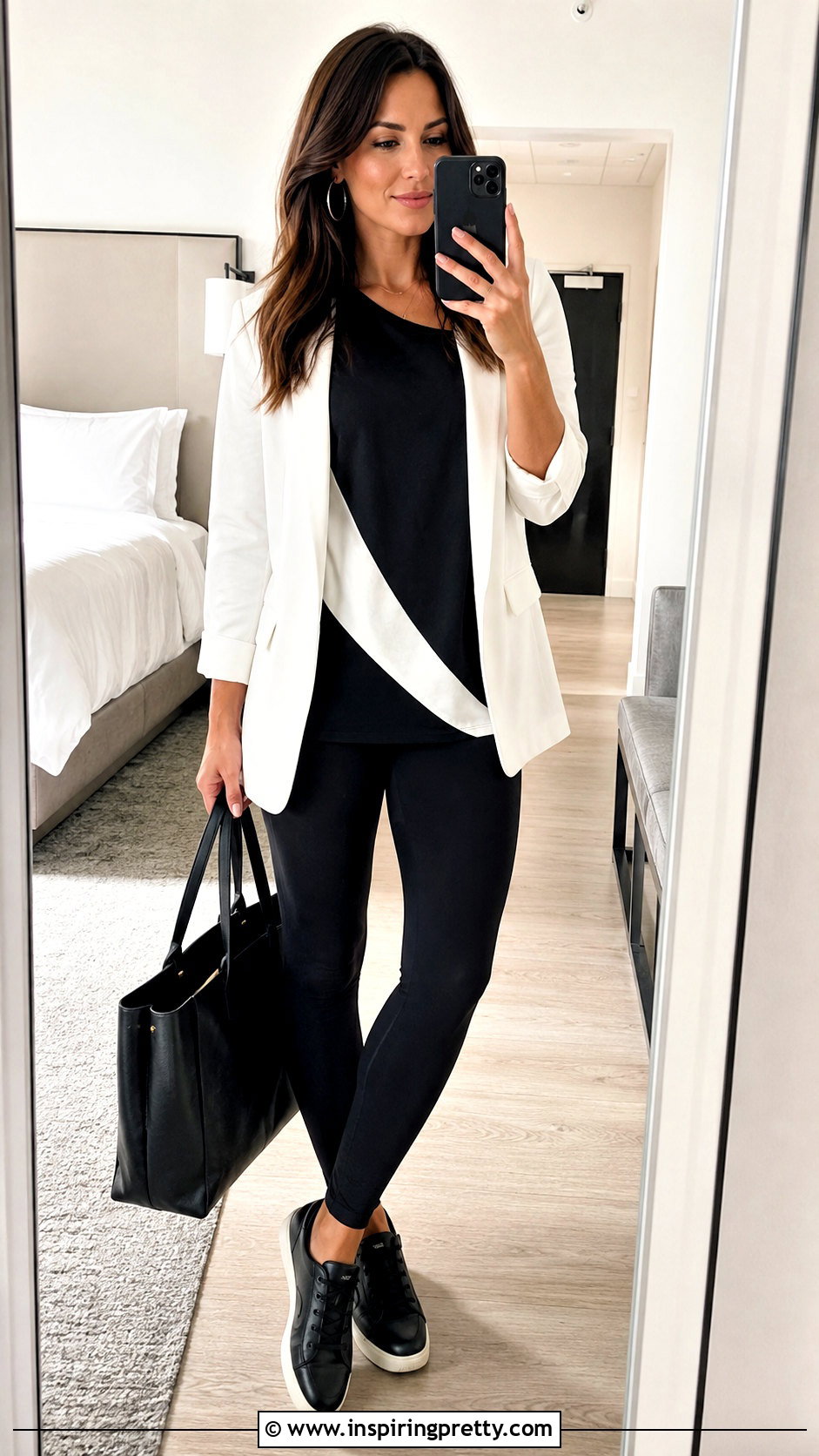 Black And White Color Block Top With Leggings And Blazer - 20 black and white color block top outfit ideas