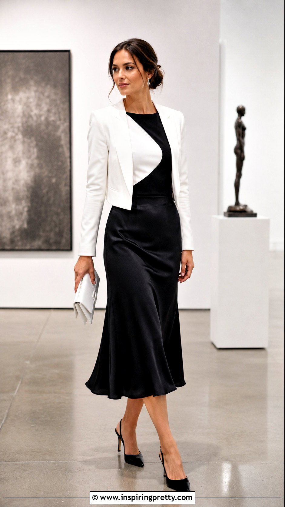 Black And White Color Block Top With Satin Midi Skirt - 20 black and white color block top outfit ideas