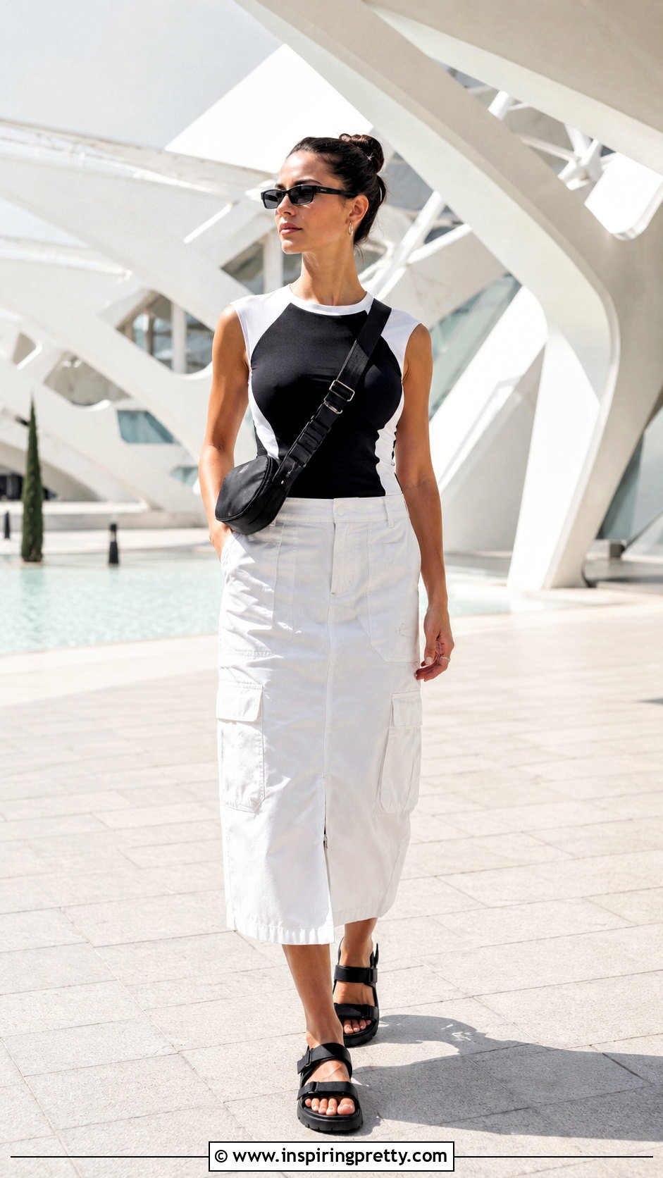 Black And White Color Block Top With White Cargo Skirt - 20 black and white color block top outfit ideas