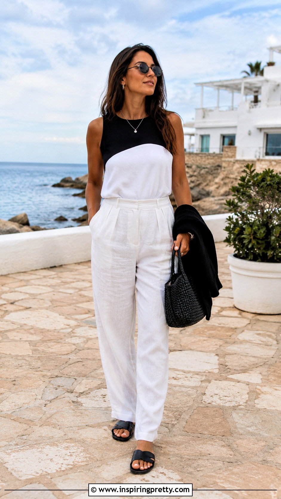 Black And White Color Block Top With White Linen Pants - 20 black and white color block top outfit ideas