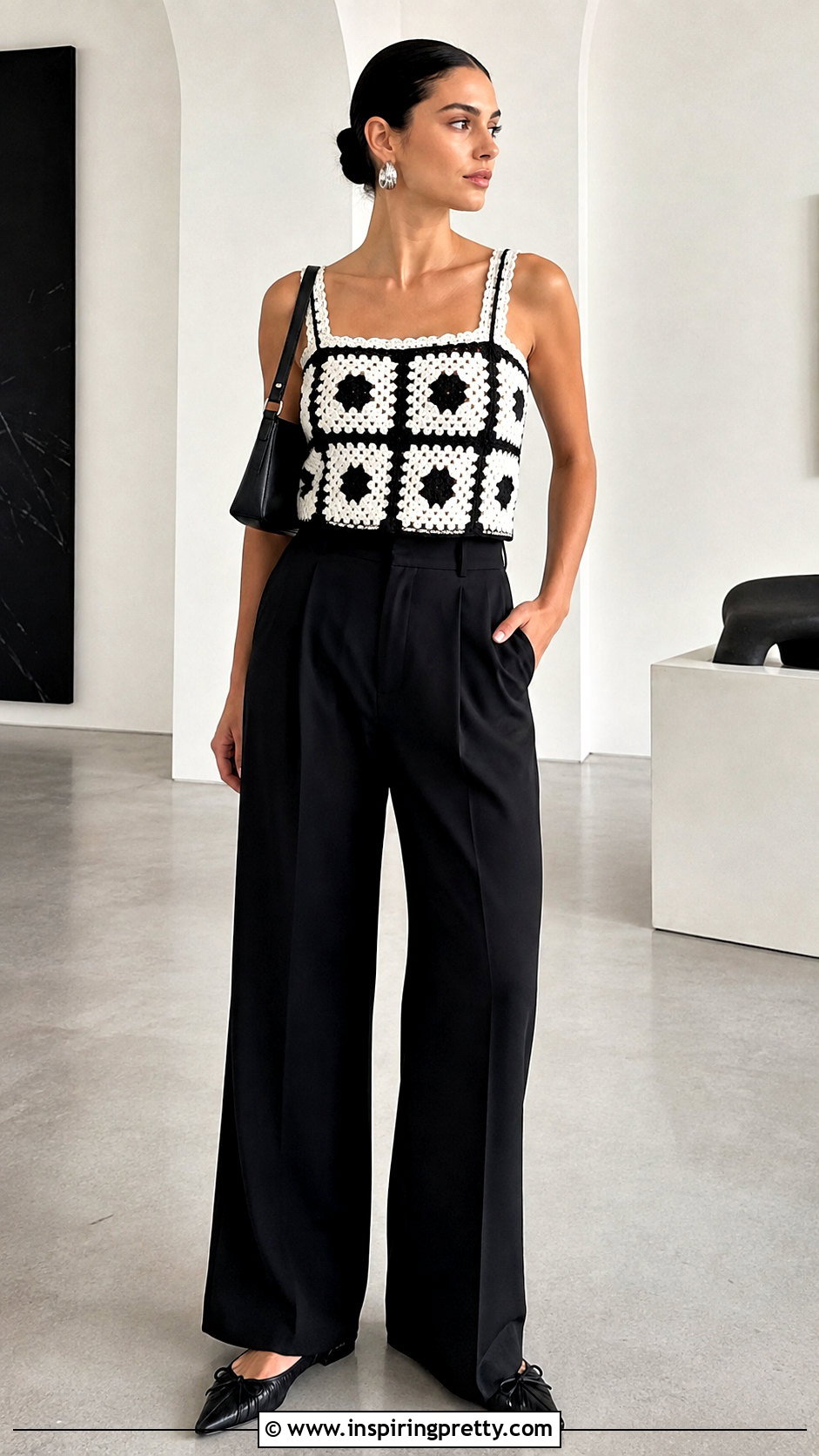 Black And White Crochet Granny Square Top With Wide Leg Trousers - 25 Crochet Granny Square Tops For Women