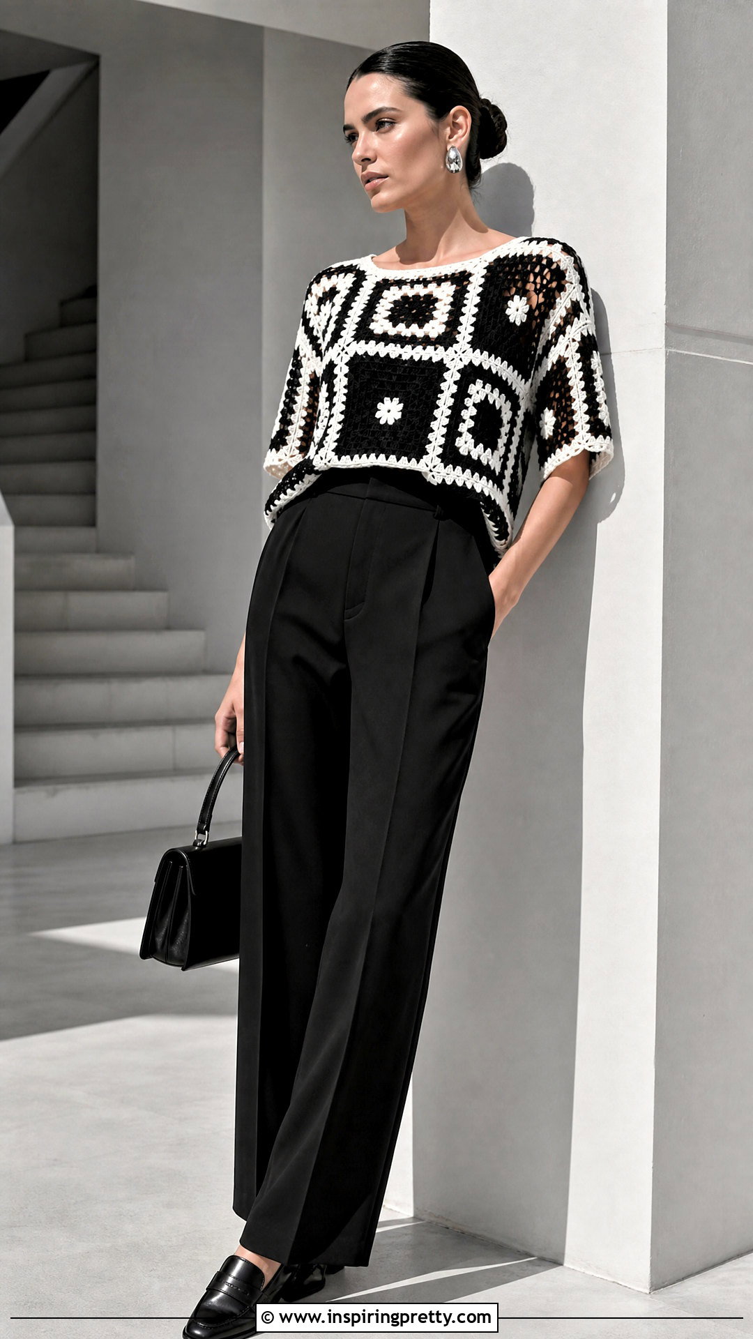Black And White Crochet Top With Black Pants - 50 crochet top designs