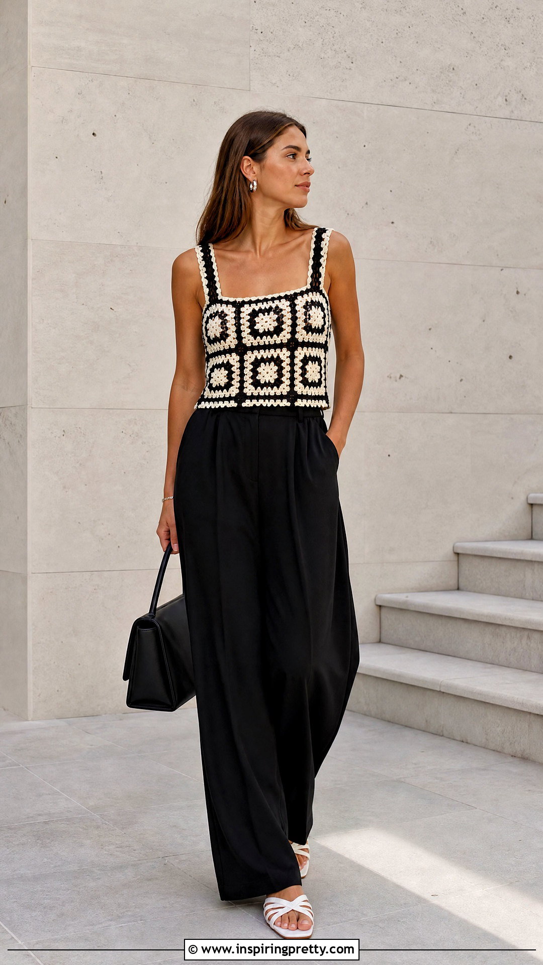 Black And White Crochet Top With Black Trousers - 50 crochet tops summer outfits