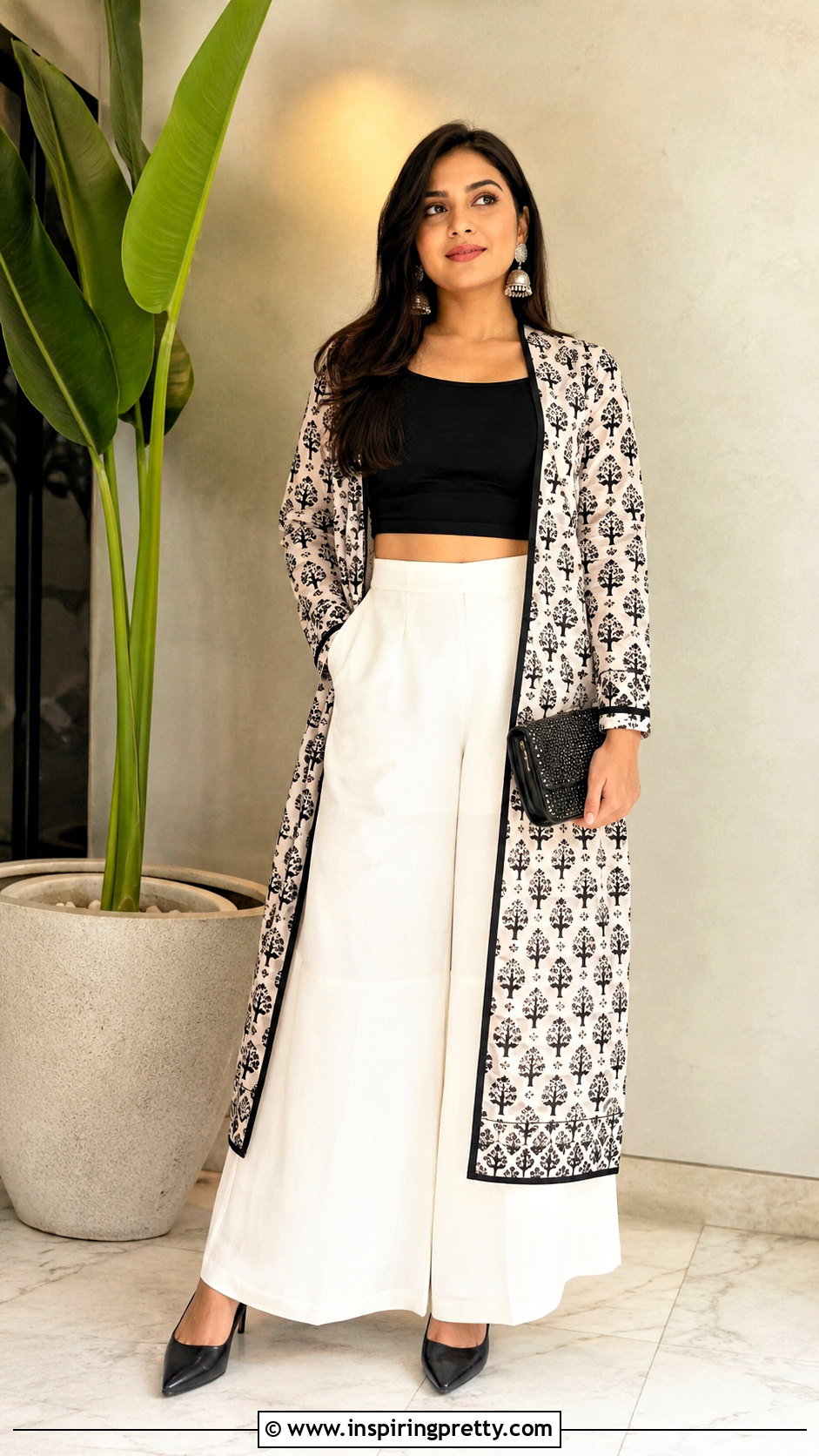 Black And White Crop Top Palazzo With Printed Jacket - 25 crop top palazzo with jacket indian outfit ideas