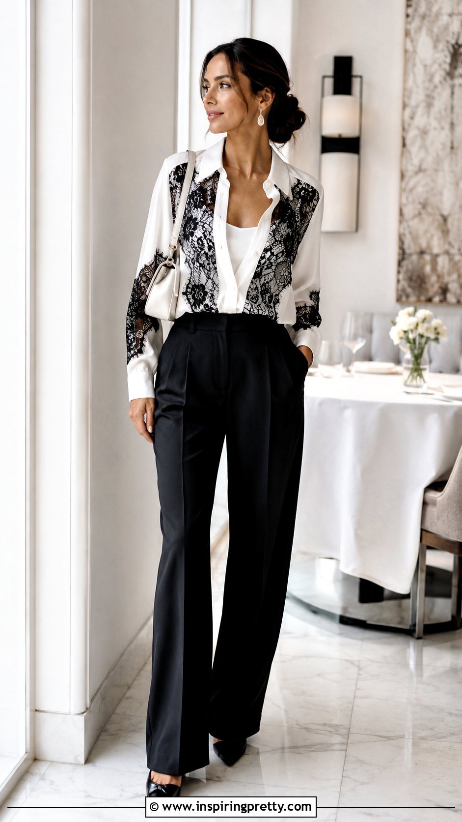 Black And White Designer Lace Blouse With Tailored Trousers - 20 Black And White Designer Tops outfit ideas
